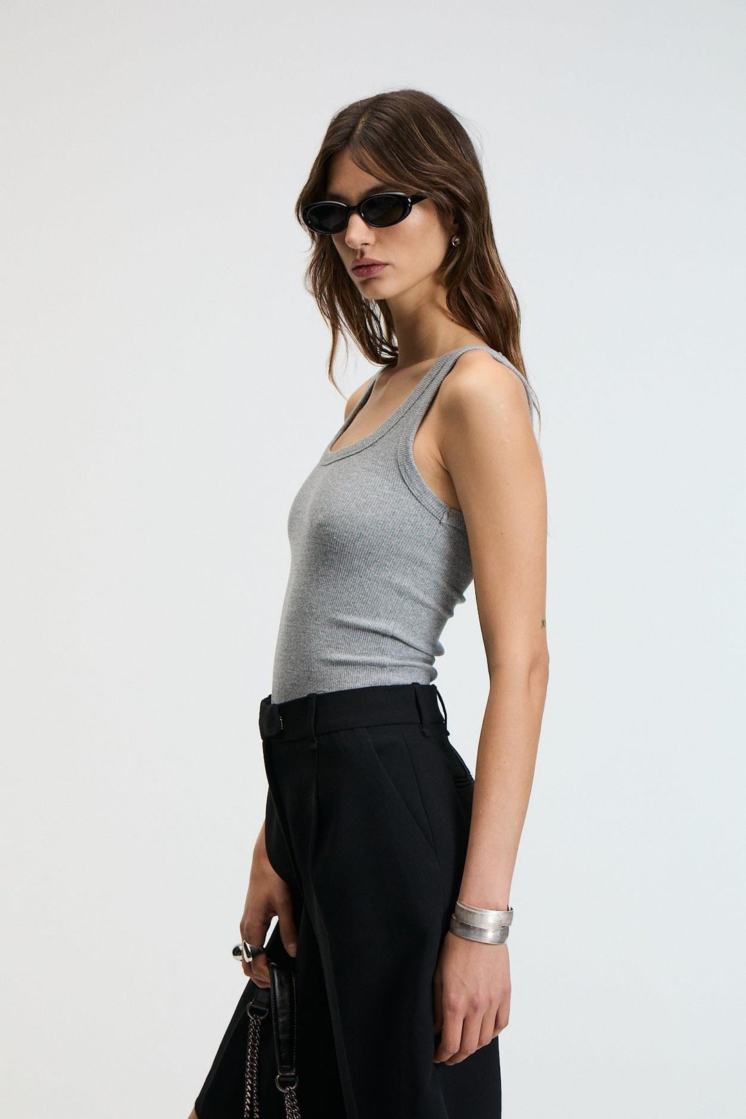 ETHIQUET LILLESOL Kadın Fitilli Görünümlü Slim Fit Vücuda Oturan Havuz Yakalı Pamuklu Basic Antrasit Atlet