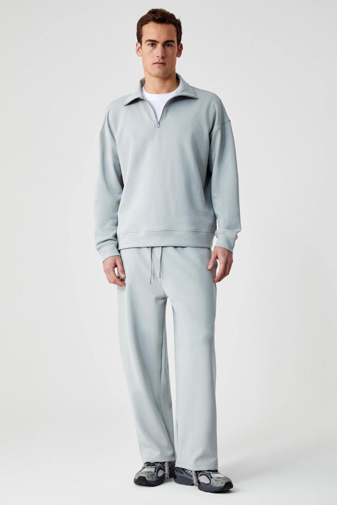 FAUST Erkek Dik Yaka Oversize Uzun Kol Fermuarlı Beli Lastikli Gri Eşofman Takımı