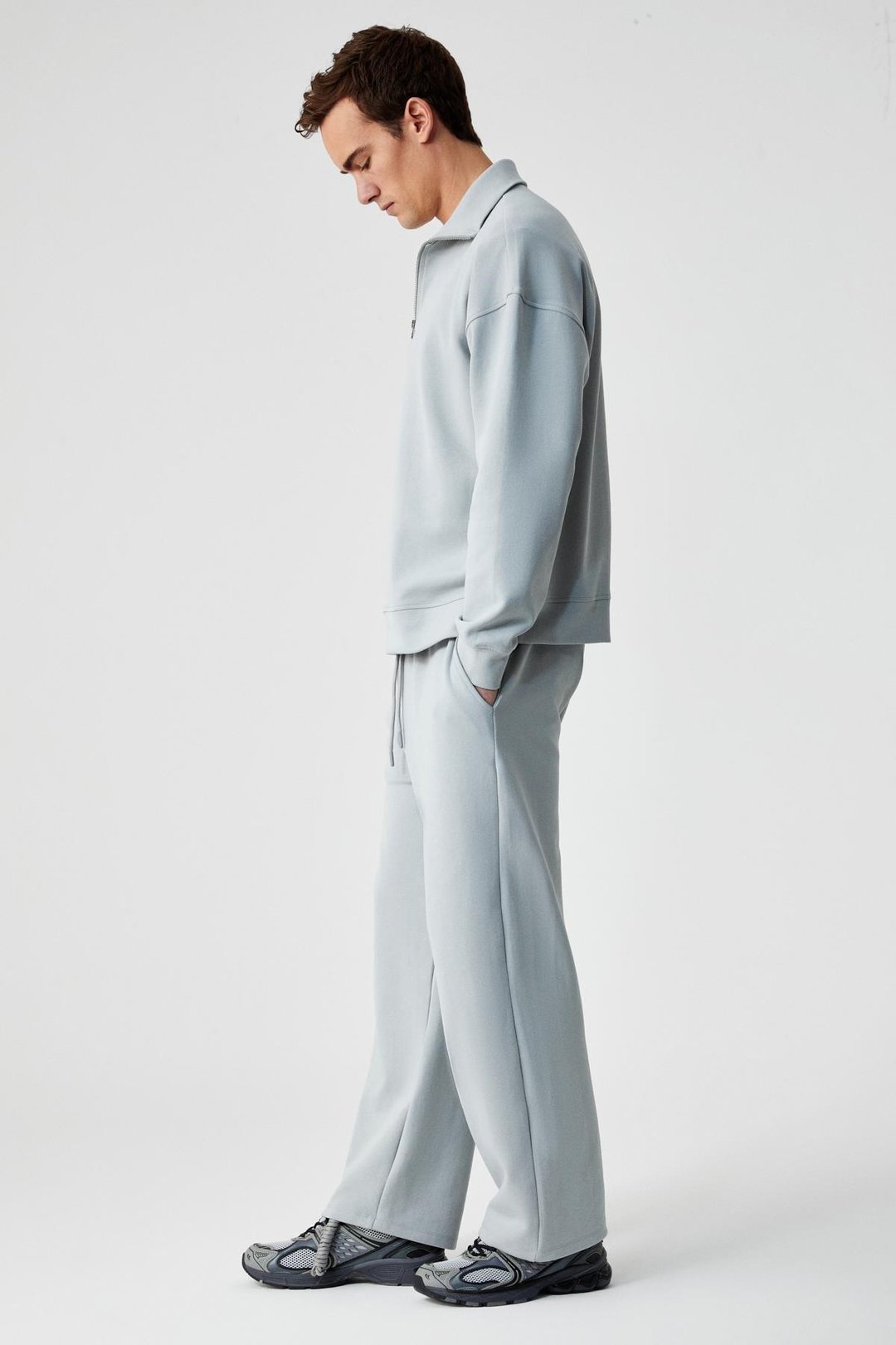 FAUST Erkek Dik Yaka Oversize Uzun Kol Fermuarlı Beli Lastikli Gri Eşofman Takımı