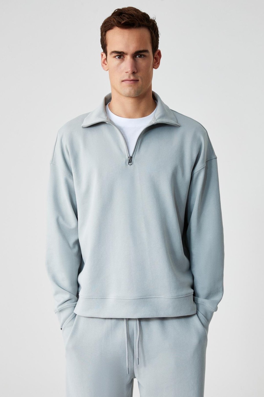 FAUST Erkek Dik Yaka Oversize Uzun Kol Fermuarlı Beli Lastikli Gri Eşofman Takımı