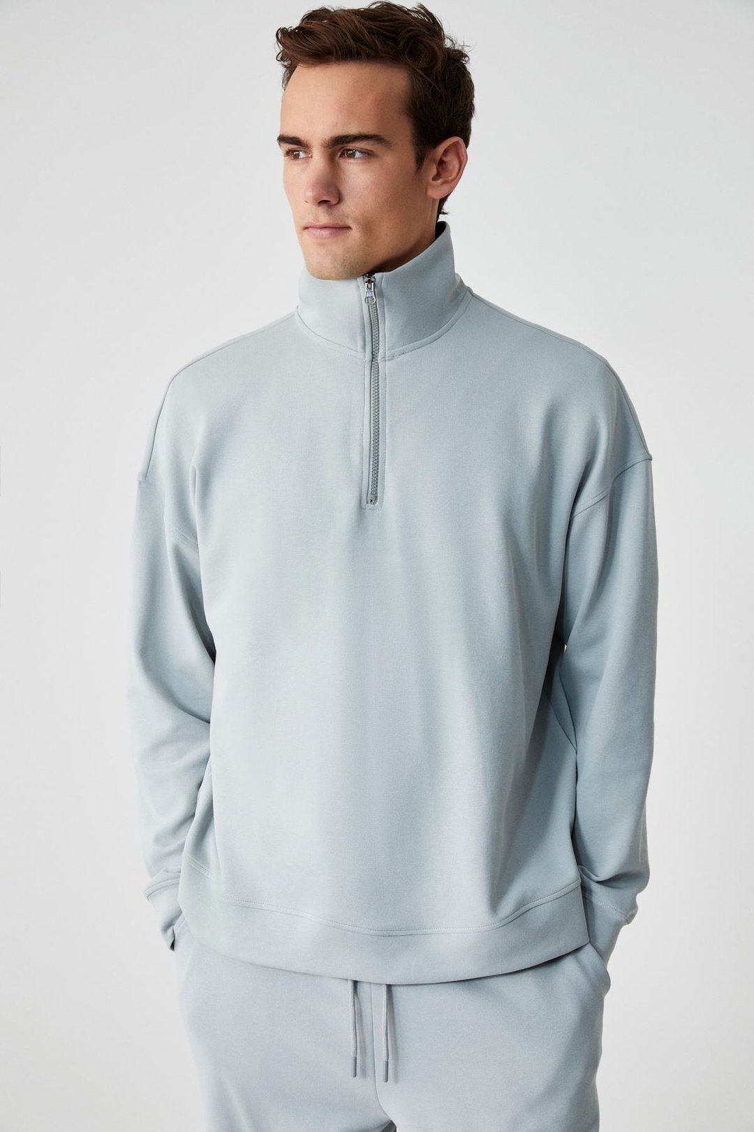 FAUST Erkek Dik Yaka Oversize Uzun Kol Fermuarlı Beli Lastikli Gri Eşofman Takımı