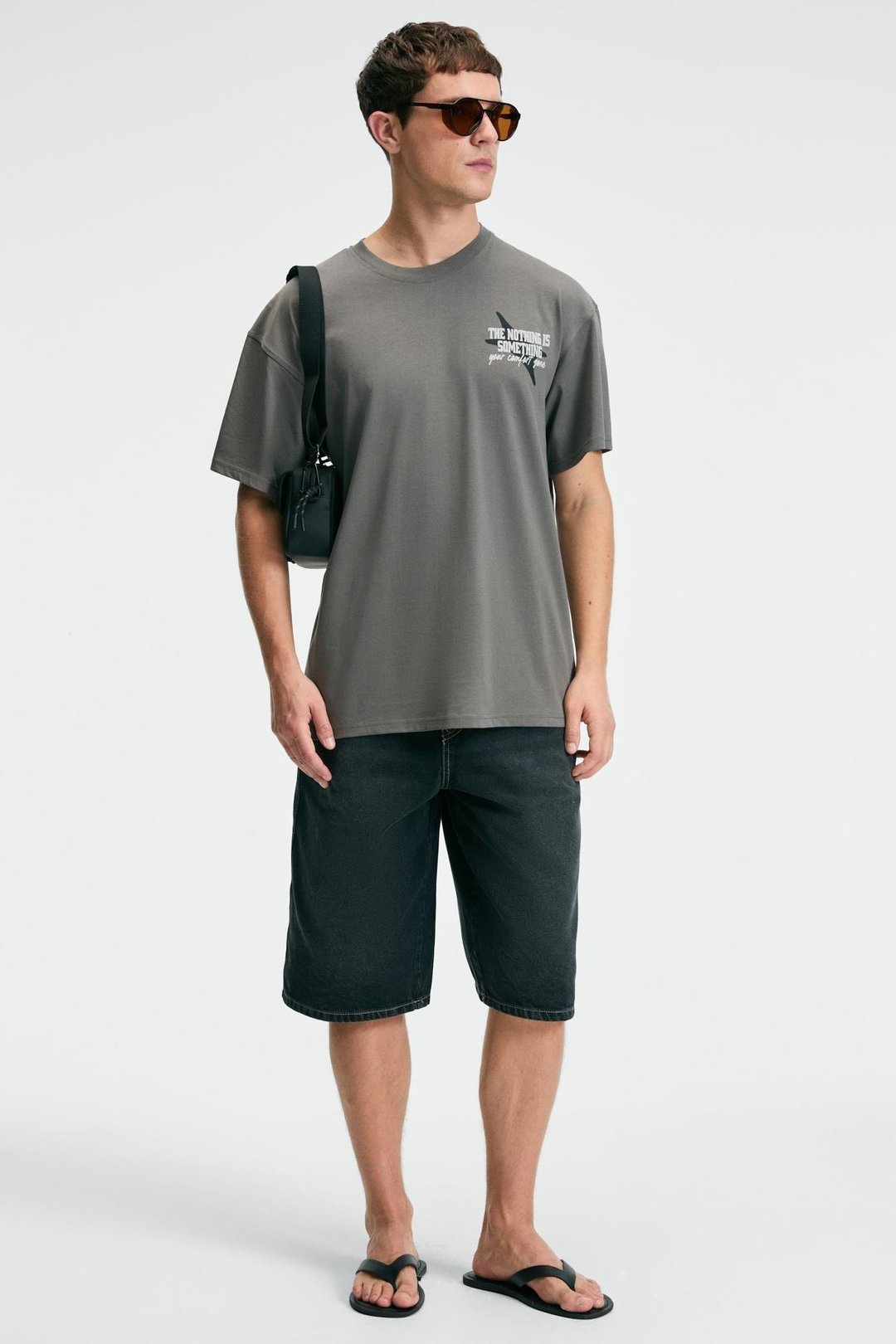 FEAST Erkek %100 Pamuk Oversize Fit Baskılı Kısa Kollu Yuvarlak Yakalı Gri T-Shirt