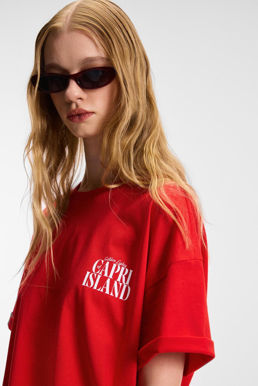 FEYLORA Kadın %100 Pamuk Oversize Fit Baskı Detaylı Kısa Kollu Bisiklet Yaka Kırmızı T-Shirt