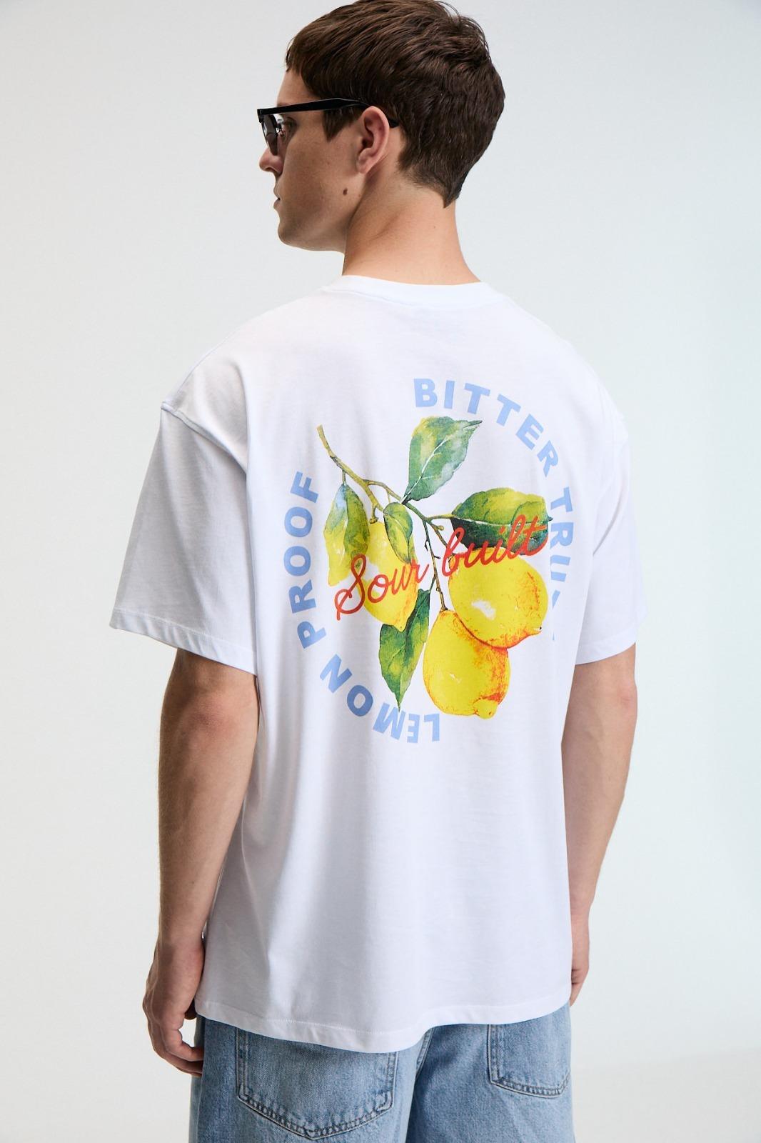 FLAVOR Erkek Oversize %100 Pamuk Baskılı Yuvarlak Yaka Beyaz T-Shirt