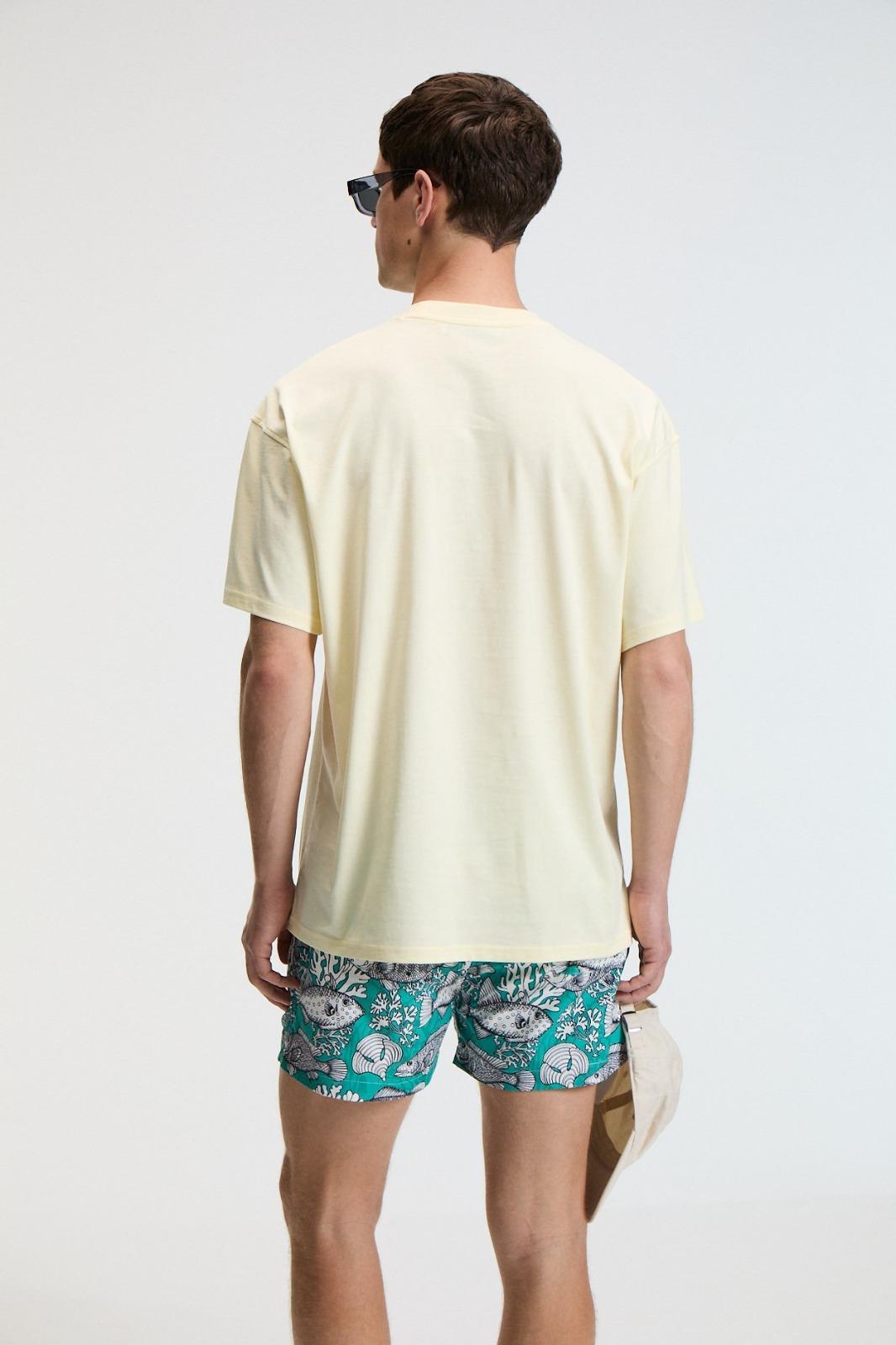 FLAVOR Erkek Oversize %100 Pamuk Baskılı Yuvarlak Yaka Sarı T-Shirt