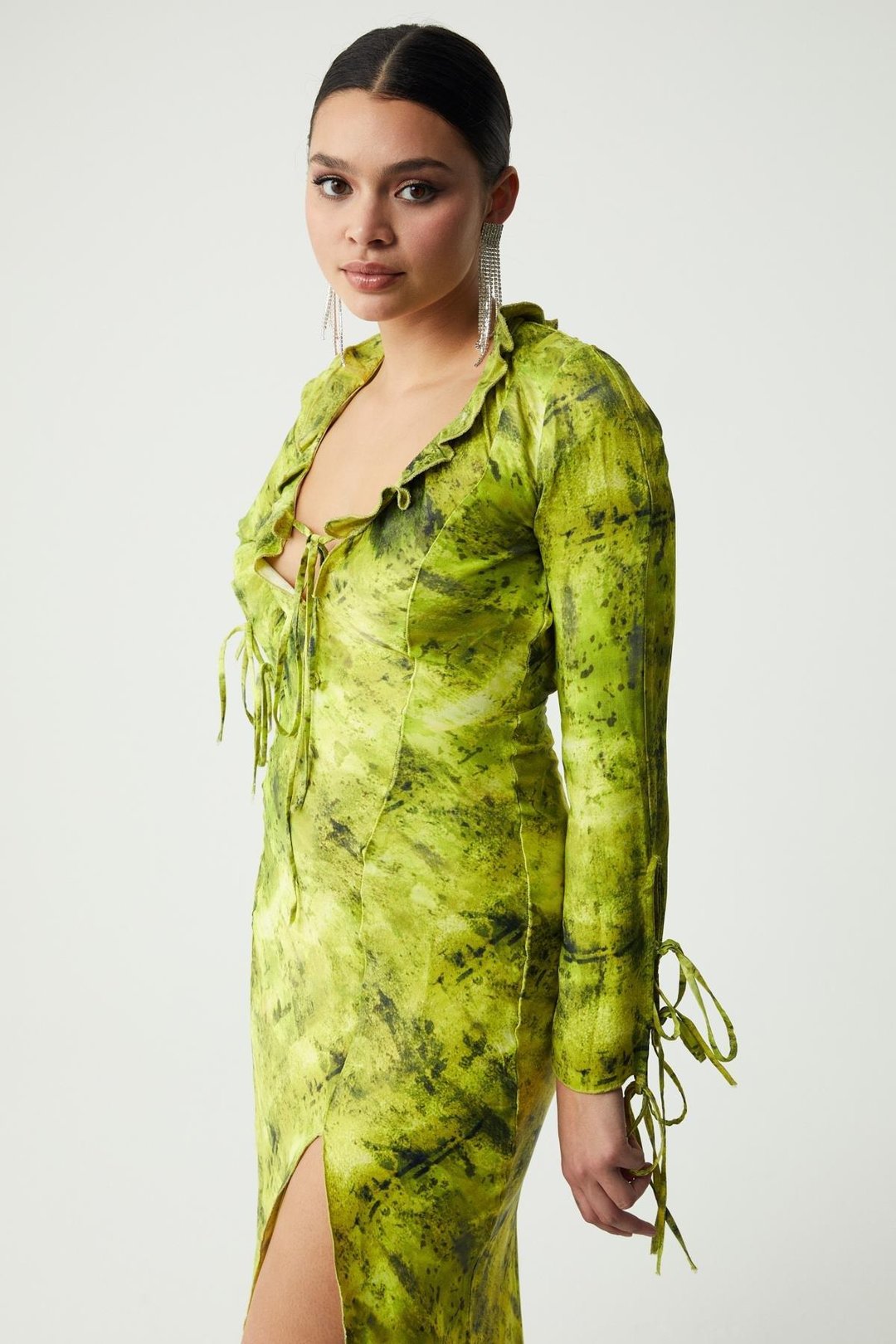 FRANCY Kadın Desenli Önden Bağlamalı Uzun Kollu Derin V Yaka Desenli Elbise