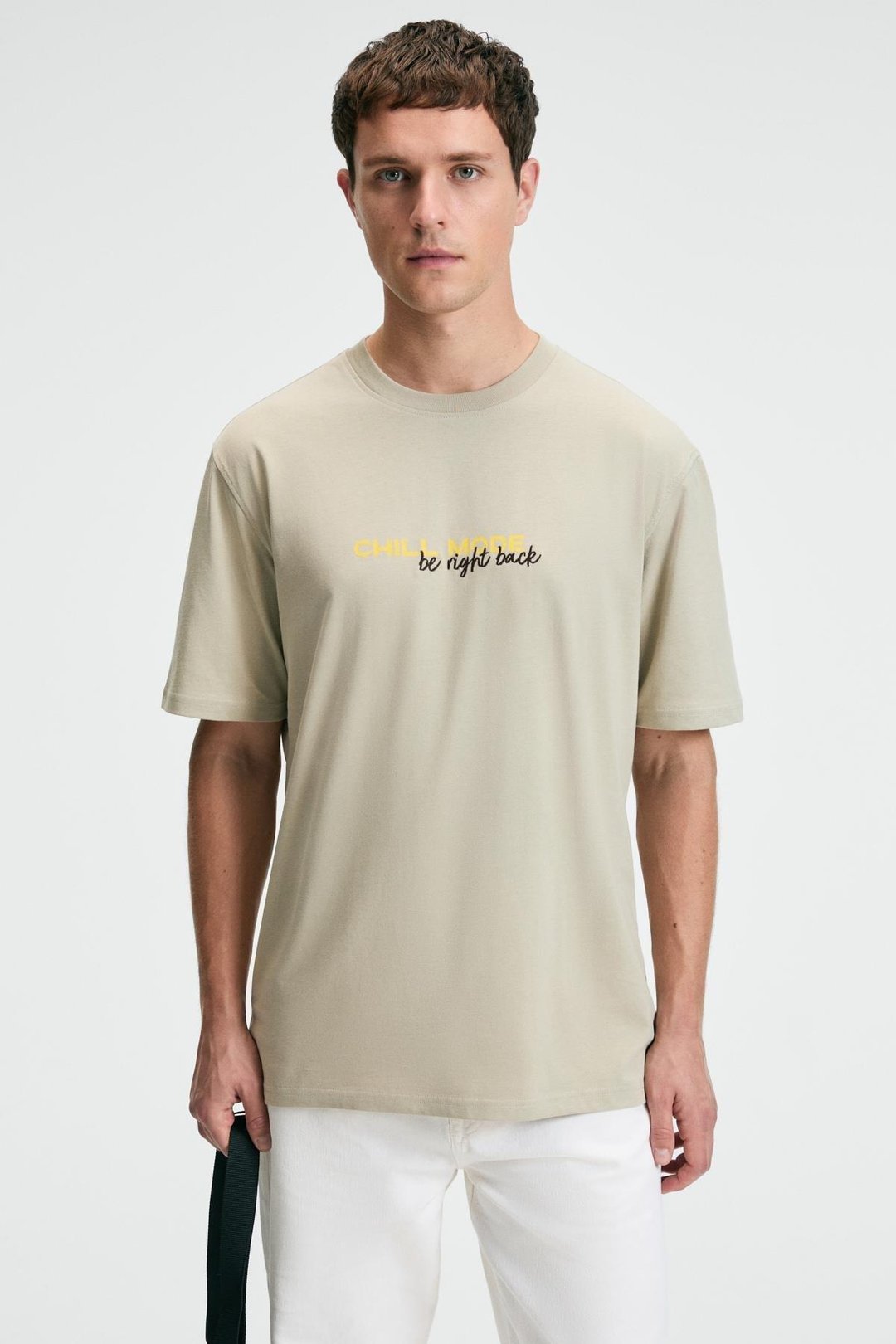 FRESH Erkek %100 Pamuk Oversize Fit Baskılı Kısa Kollu Yuvarlak Yakalı Taş Rengi T-Shirt