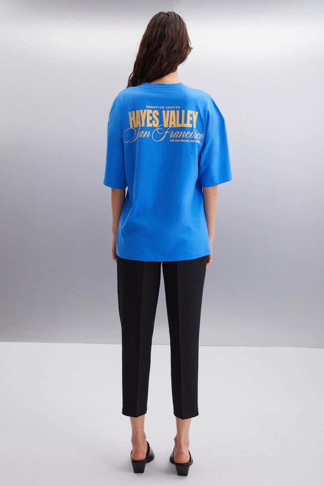 GILLIAN  Oversize Parlament Mavi Tekli T-Shirt