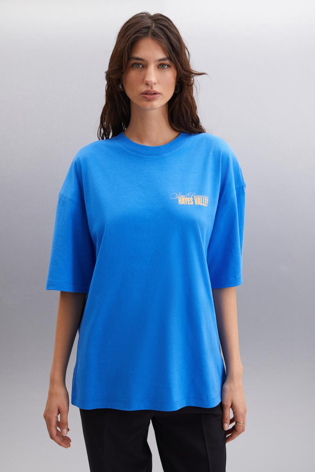 GILLIAN  Oversize Parlament Mavi Tekli T-Shirt