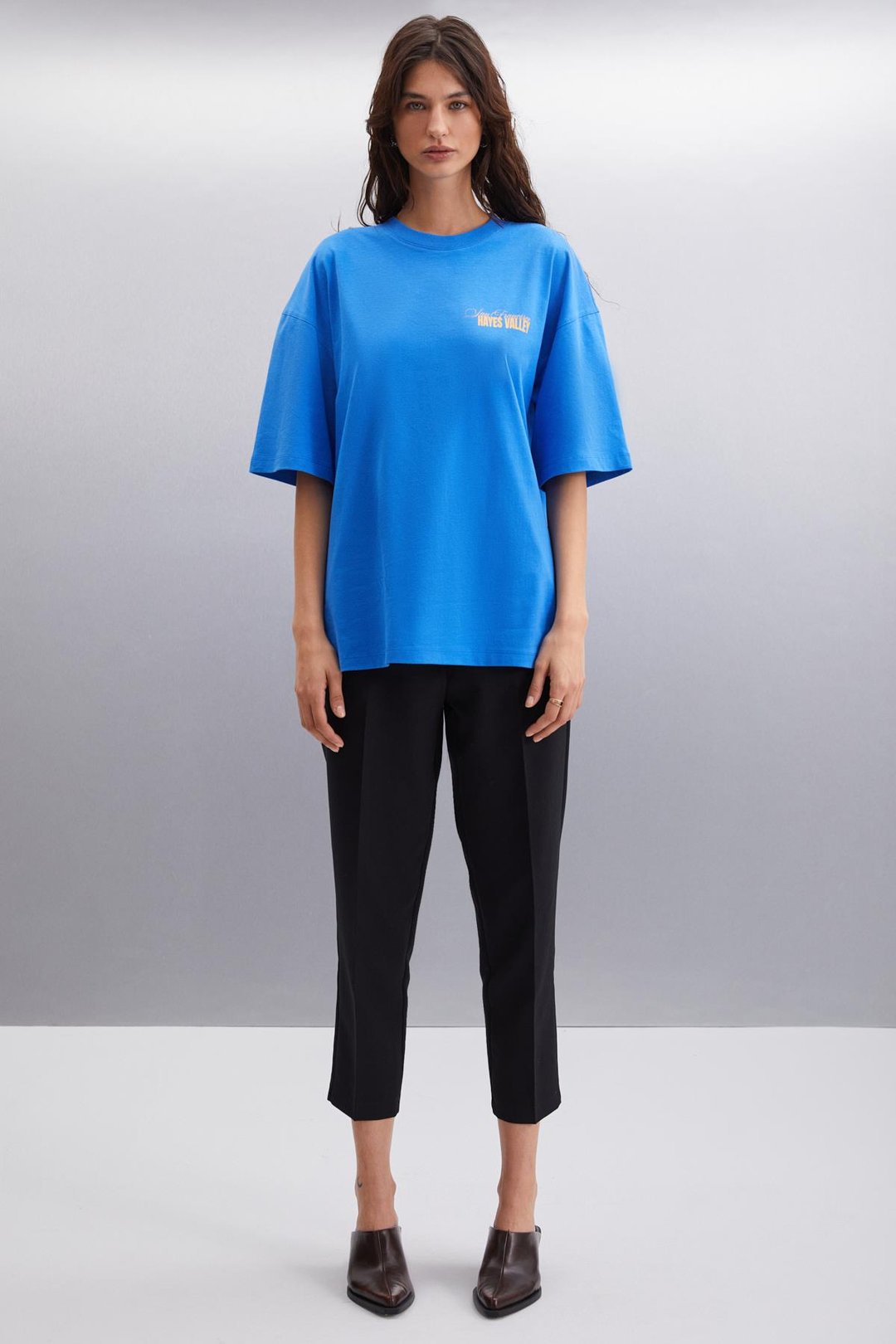 GILLIAN  Oversize Parlament Mavi Tekli T-Shirt