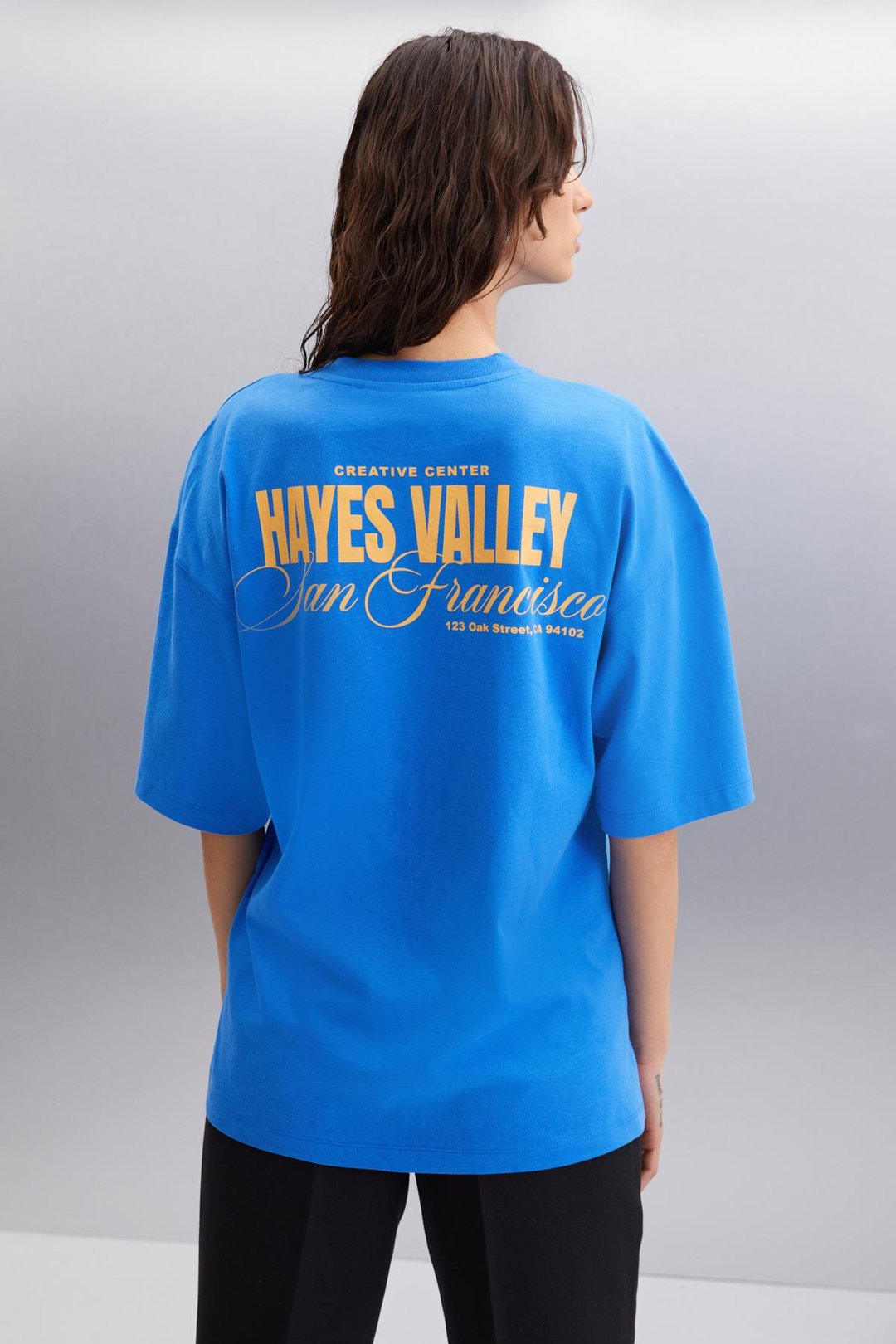 GILLIAN  Oversize Parlament Mavi Tekli T-Shirt