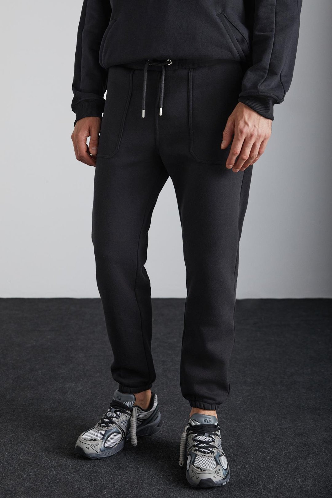 GORAN Erkek Organik Pamuklu İçi Polarlı Cepleri Üstten Paçası Lastikli Siyah Eşofman Altı