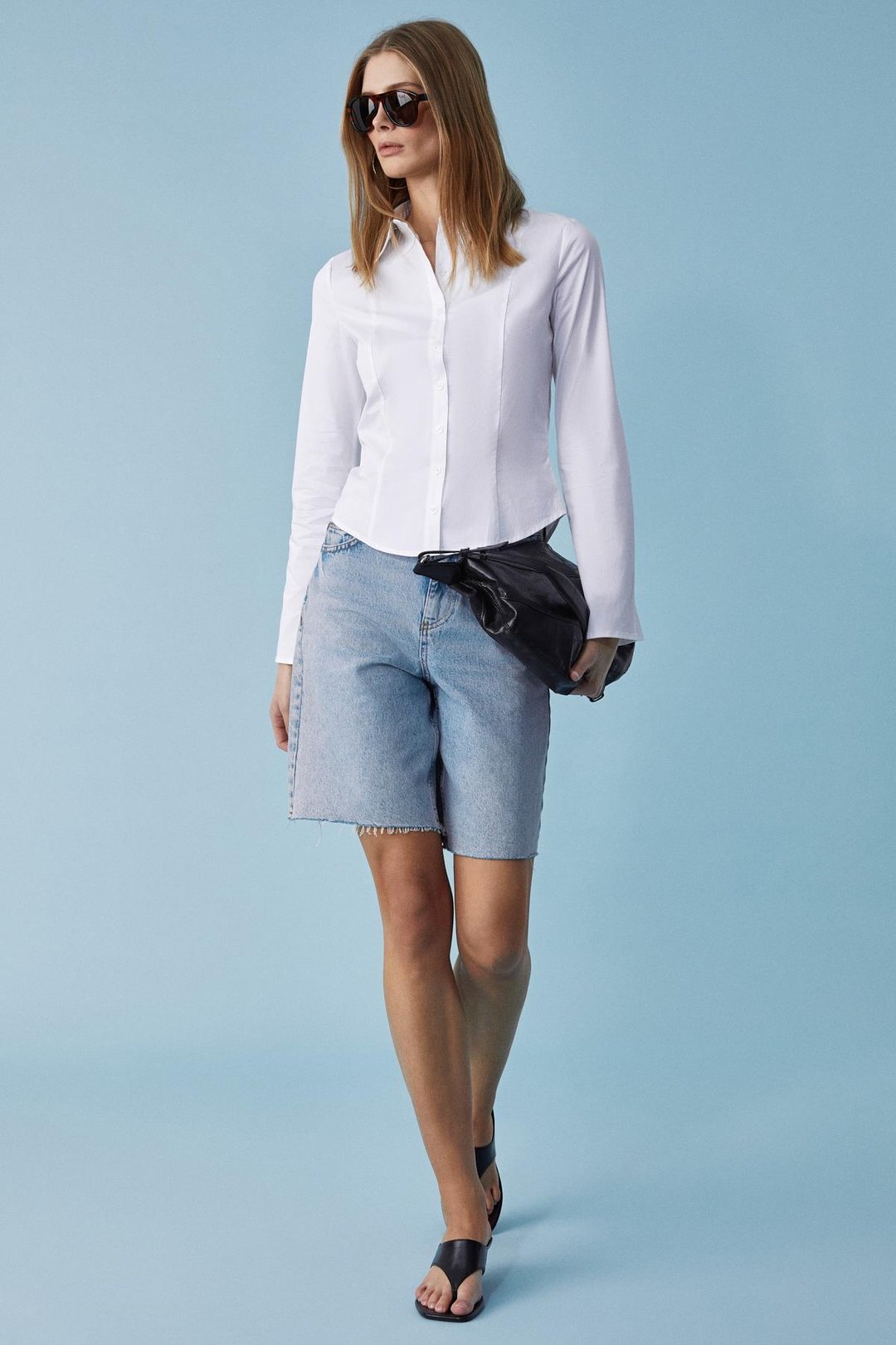 GRINNE Kadın Slim Gömlek Yaka Uzun Kollu İnce Uzun Beyaz Gömlek