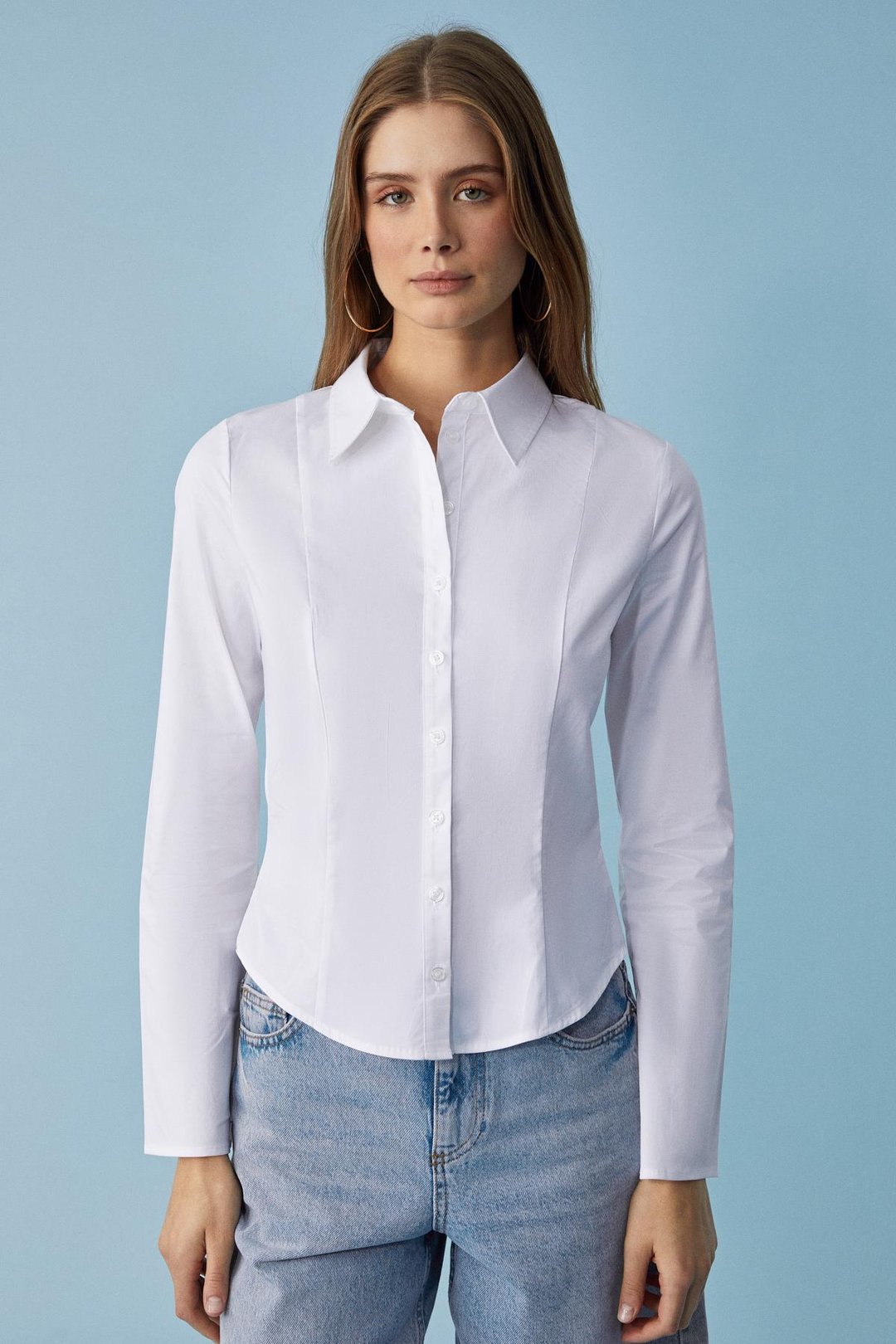 GRINNE Kadın Slim Gömlek Yaka Uzun Kollu İnce Uzun Beyaz Gömlek