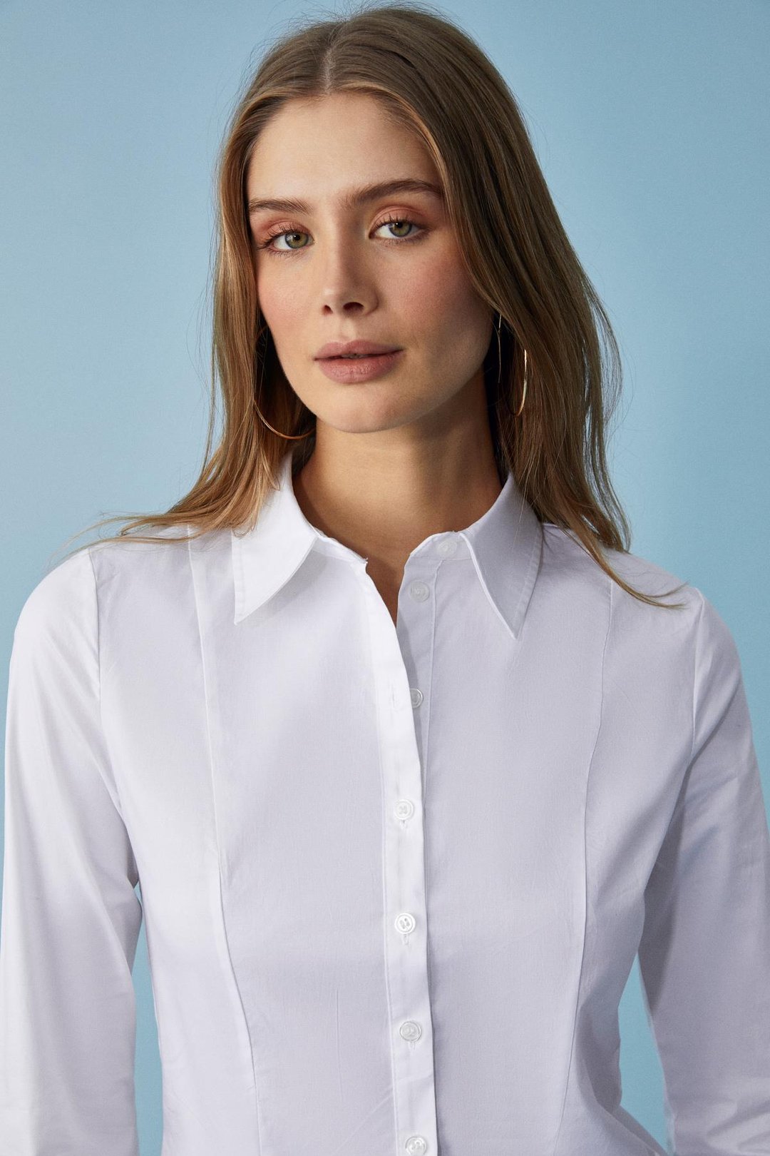 GRINNE Kadın Slim Gömlek Yaka Uzun Kollu İnce Uzun Beyaz Gömlek