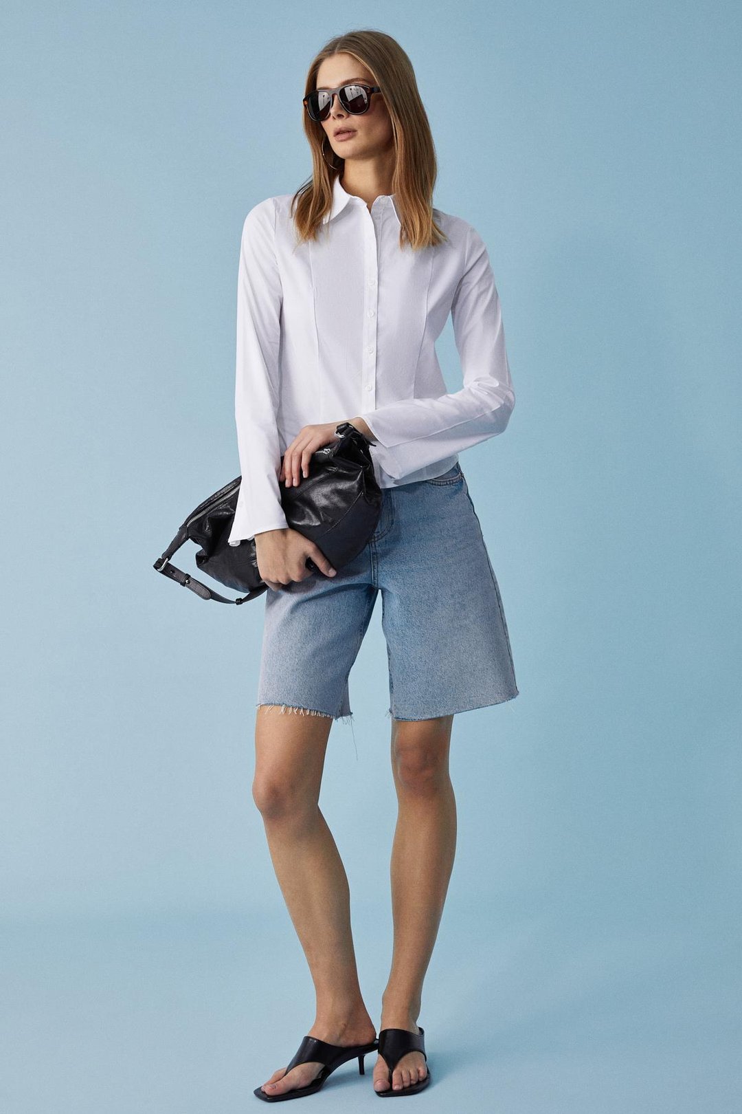 GRINNE Kadın Slim Gömlek Yaka Uzun Kollu İnce Uzun Beyaz Gömlek