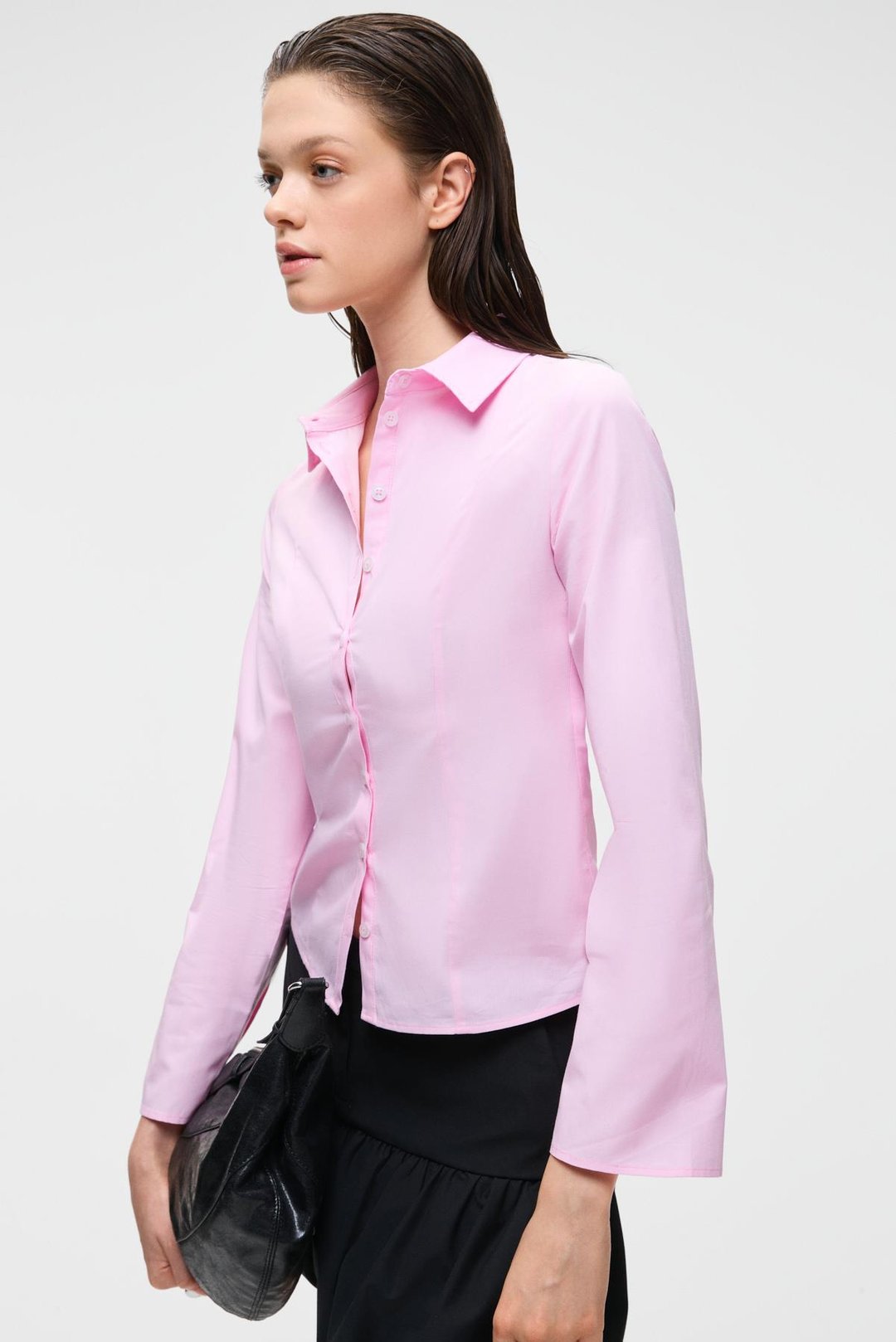 GRINNE Kadın Slim Gömlek Yaka Uzun Kollu İnce Uzun Pembe Gömlek