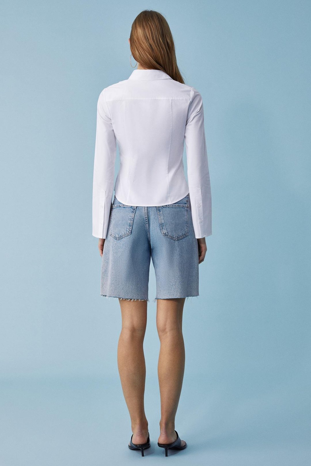 GRINNE Kadın Slim Gömlek Yaka Uzun Kollu İnce Uzun Beyaz Gömlek