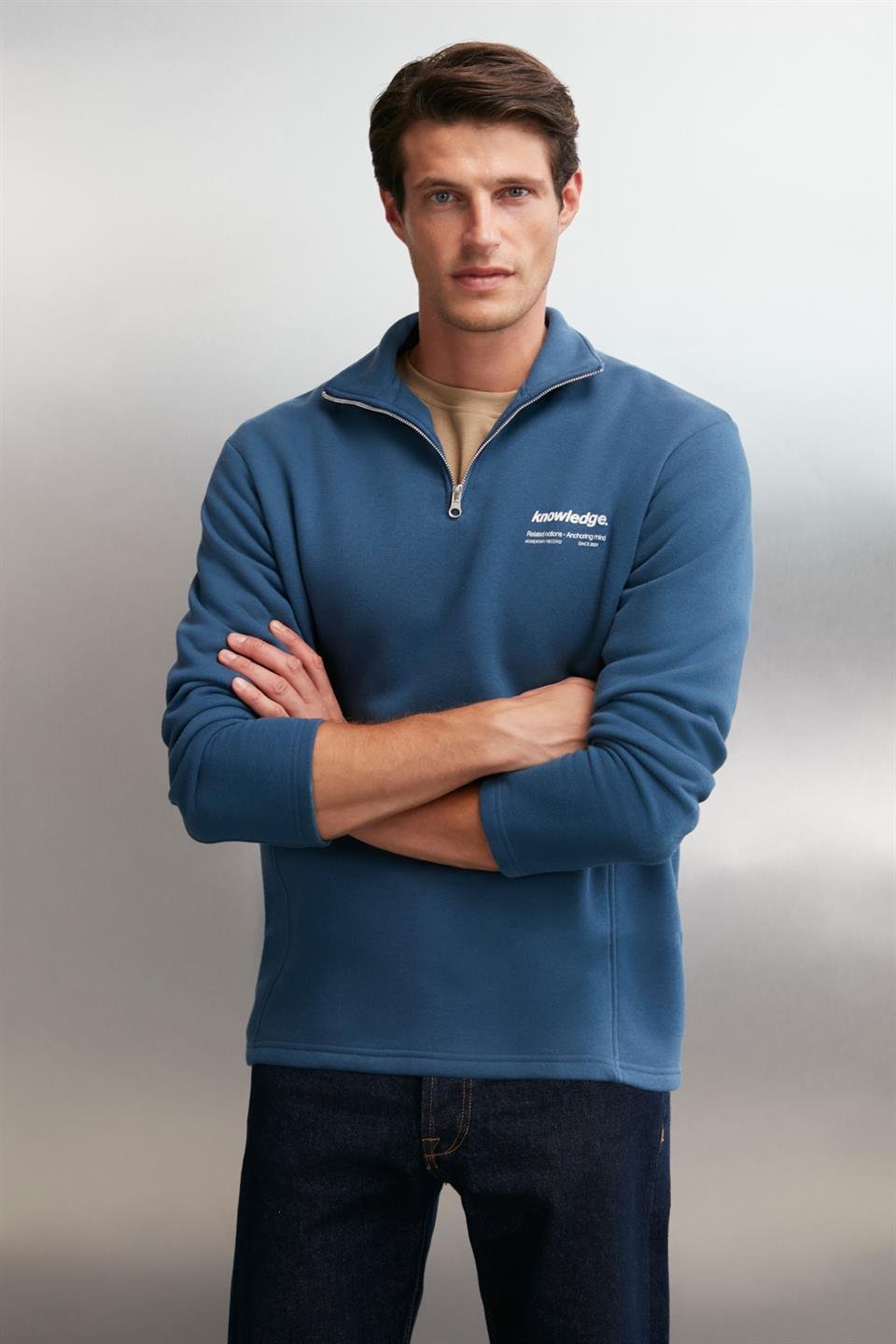 HALDEN  Oversize Mavi Tekli Sweatshirt