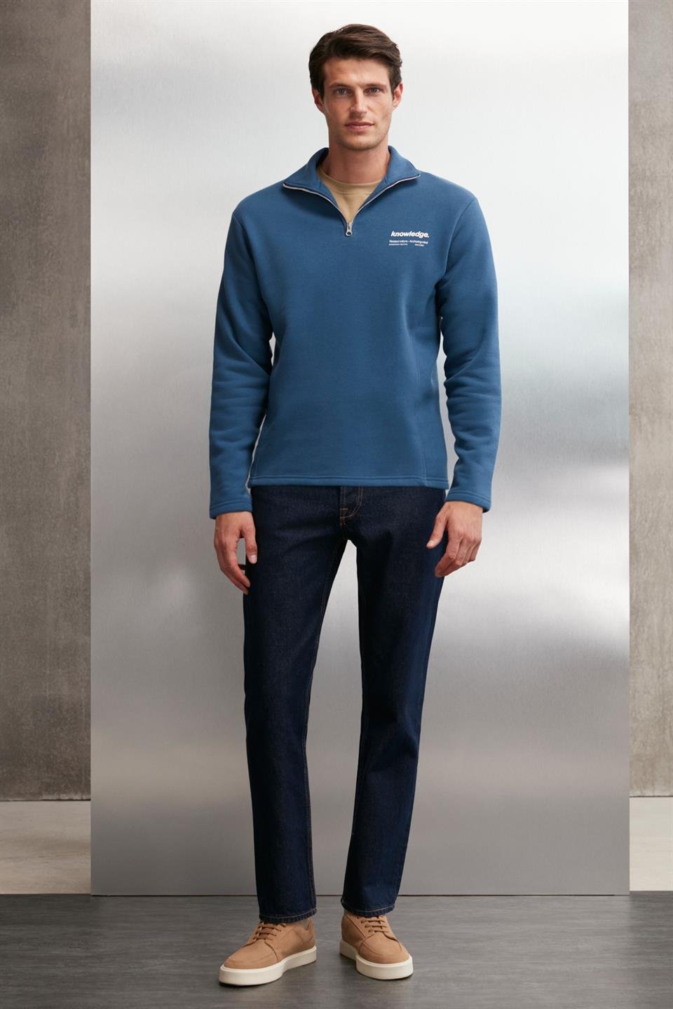 HALDEN  Oversize Mavi Tekli Sweatshirt