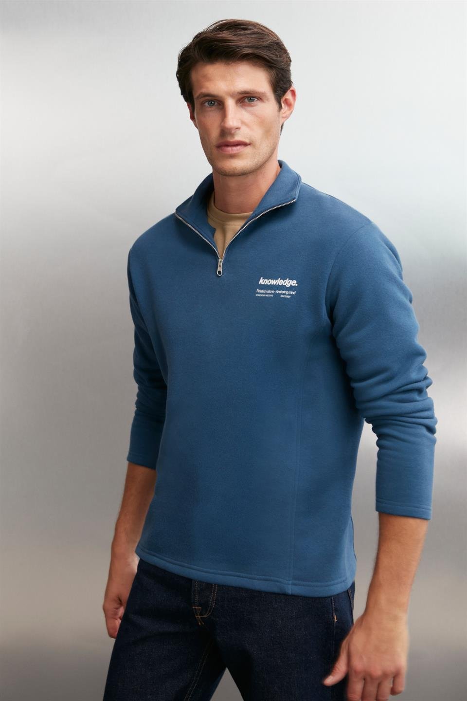 HALDEN  Oversize Mavi Tekli Sweatshirt