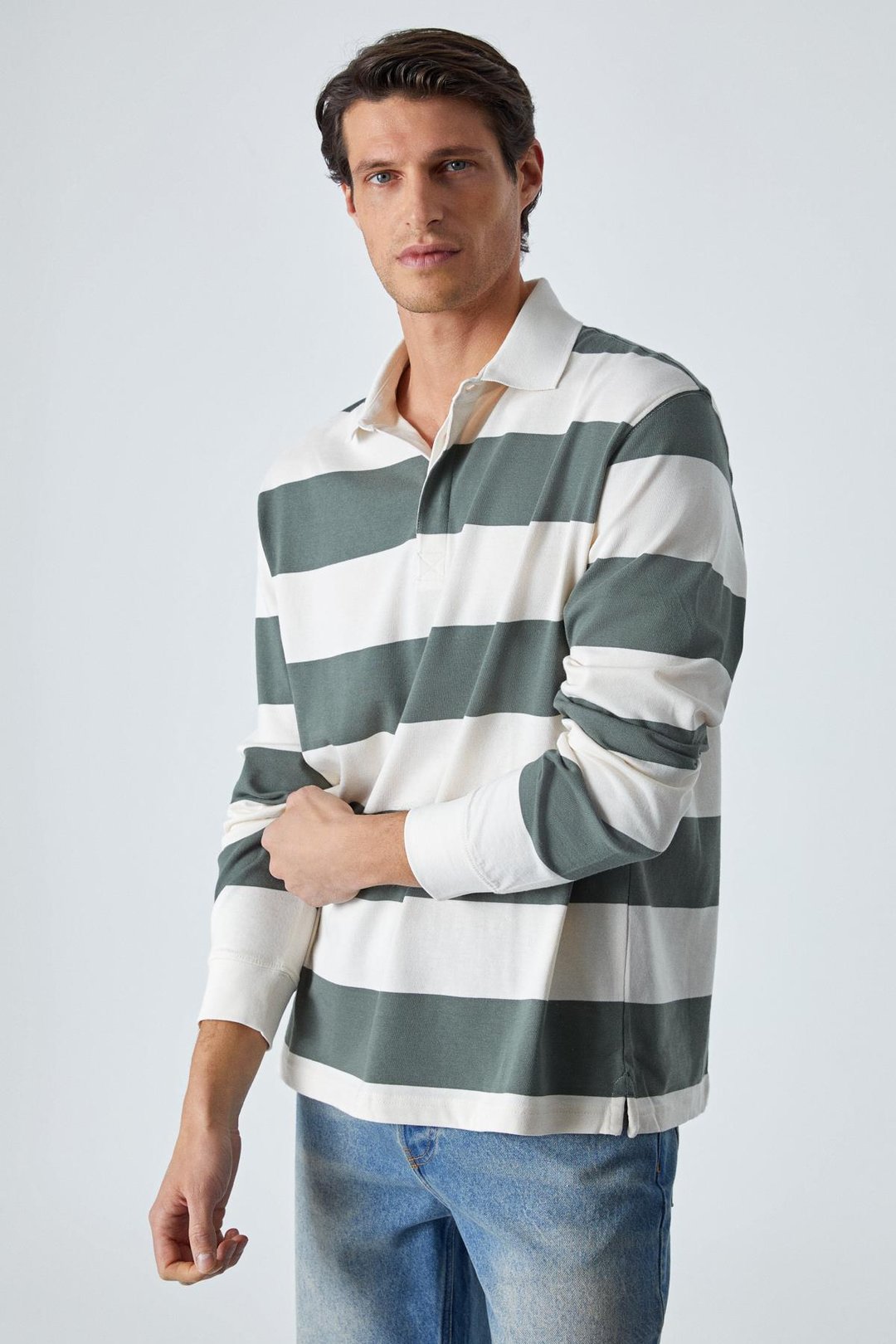 HAROLD Erkek Uzun Kollu Relaxed Fit Patlı Haki - Ekru Polo Yaka T-shirt