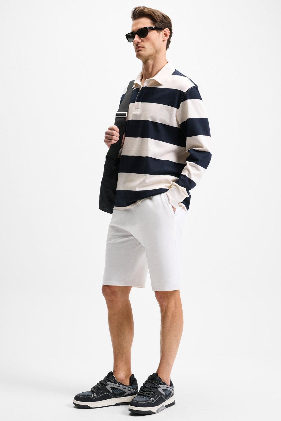 HAROLD Erkek Uzun Kollu Relaxed Fit Patlı Lacivert - Ekru Polo Yaka T-shirt