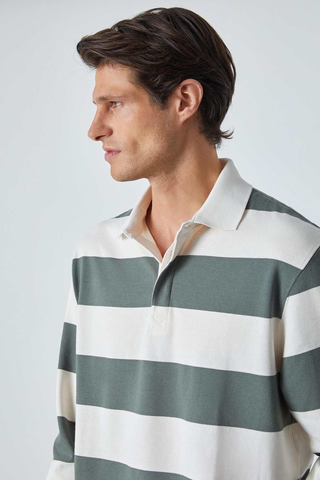 HAROLD Erkek Uzun Kollu Relaxed Fit Patlı Haki - Ekru Polo Yaka T-shirt