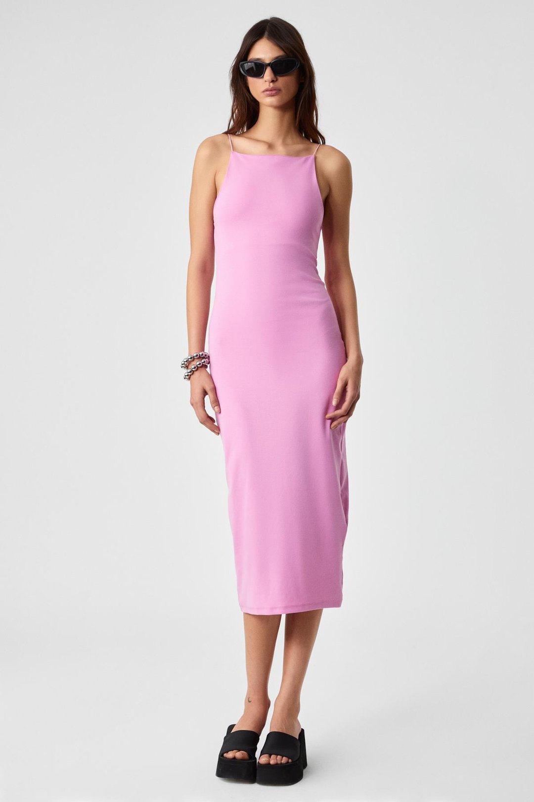 HAVVOLINE Kadın Bisiklet Yaka Slim Kolsuz Normal Paça Pembe Elbise