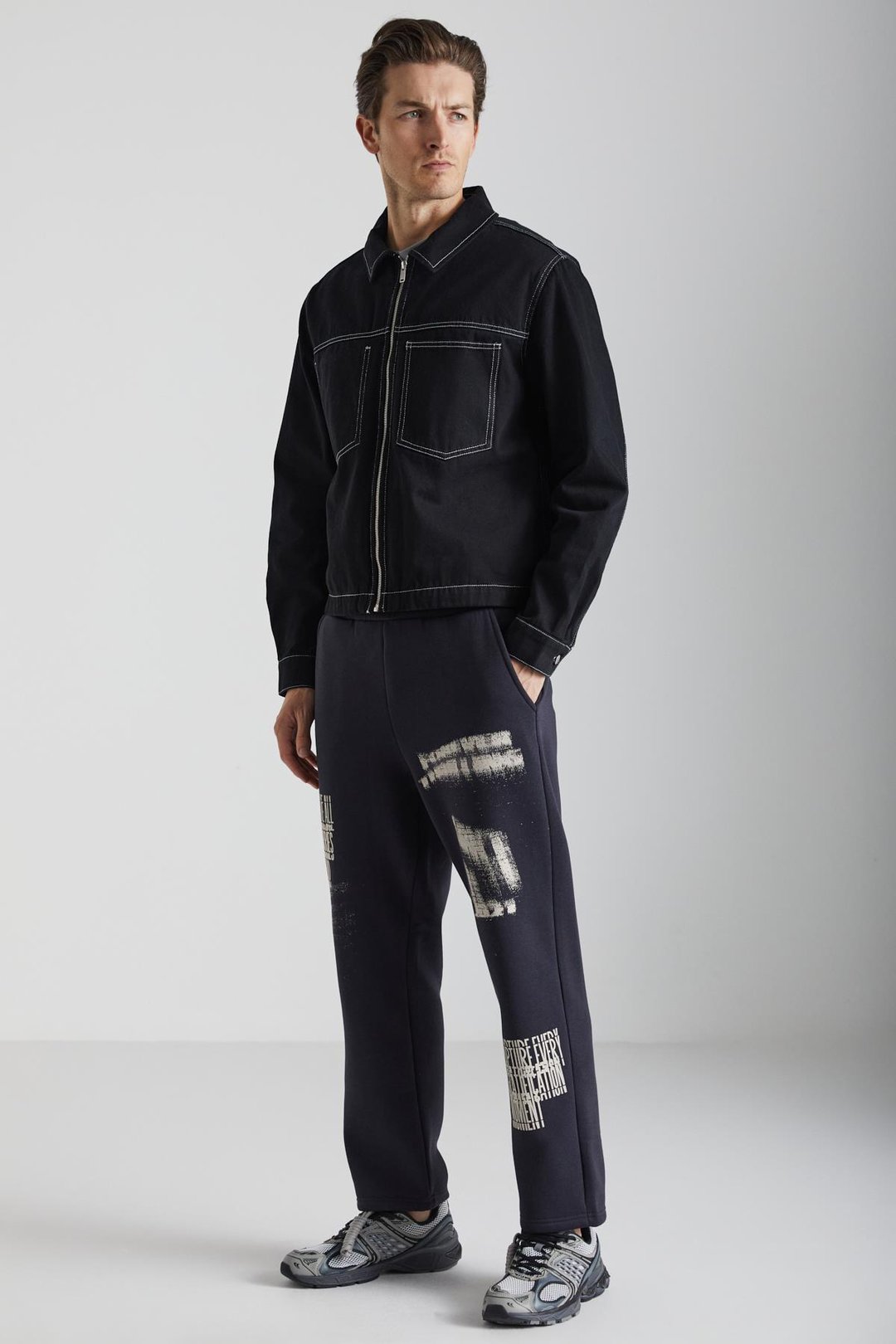 IAKOB Erkek Organik Pamuklu İçi polarlı Sprey Baskılı Streetwear Jogger Antrasit Eşofman Altı