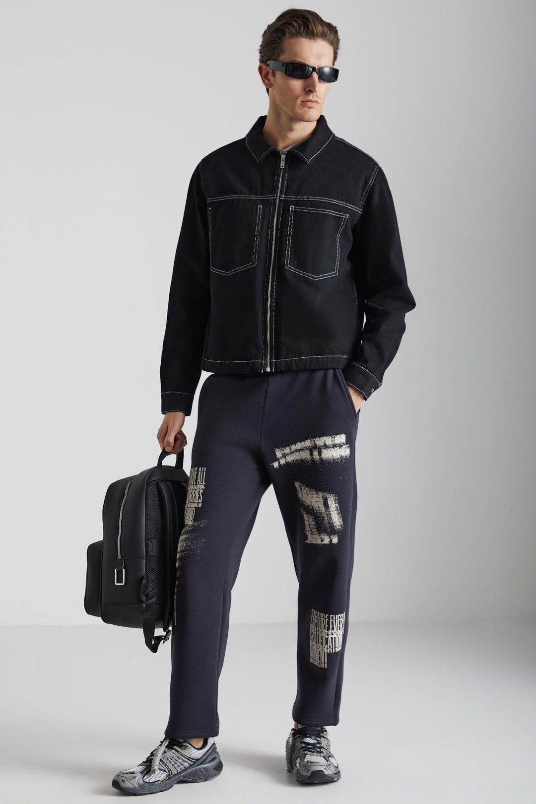 IAKOB Erkek Organik Pamuklu İçi polarlı Sprey Baskılı Streetwear Jogger Antrasit Eşofman Altı