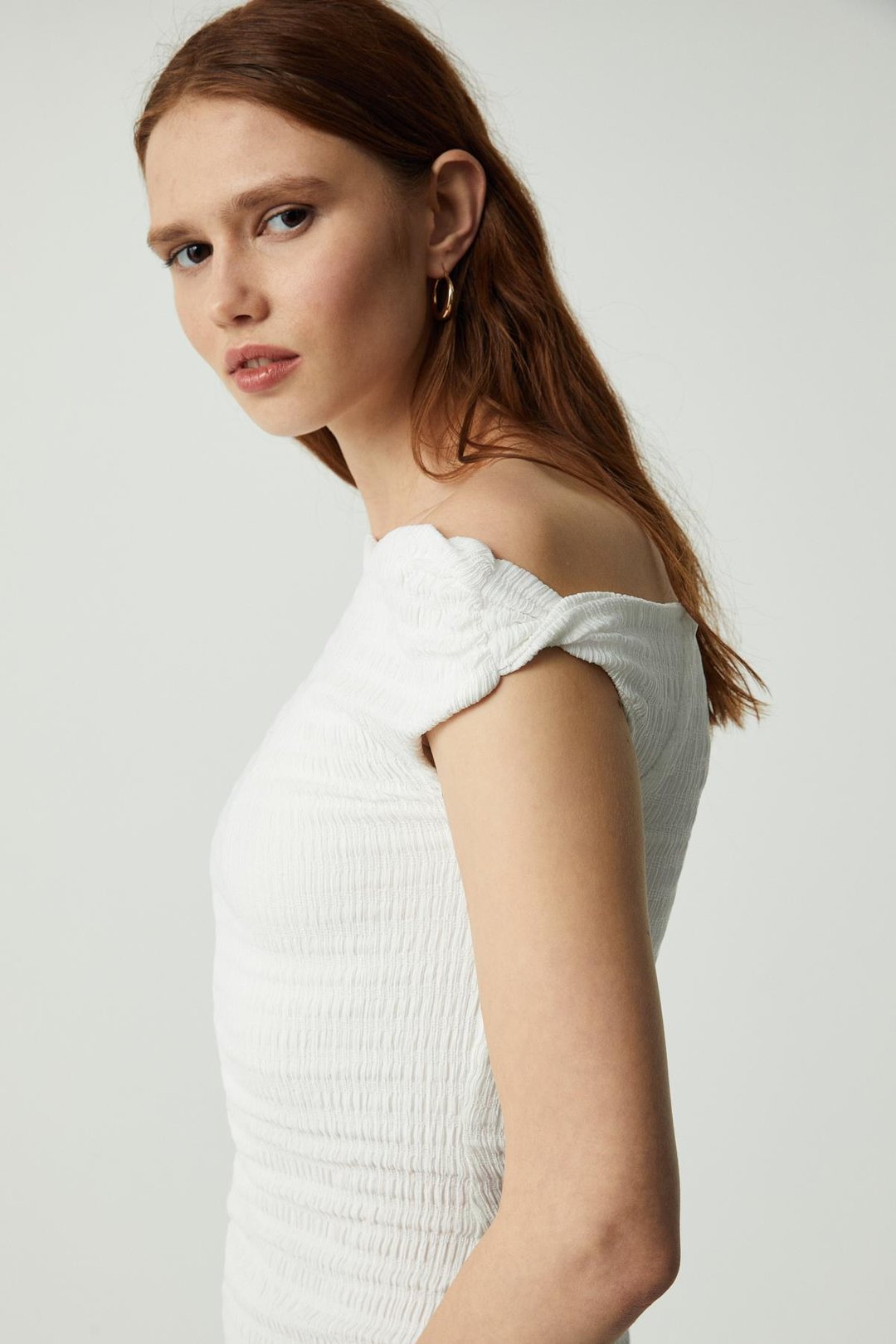 INNSA Kadın Bürümcük 3 boyutlu Kumaşlı Tek Omuzlu Bodycon Ekru Elbise