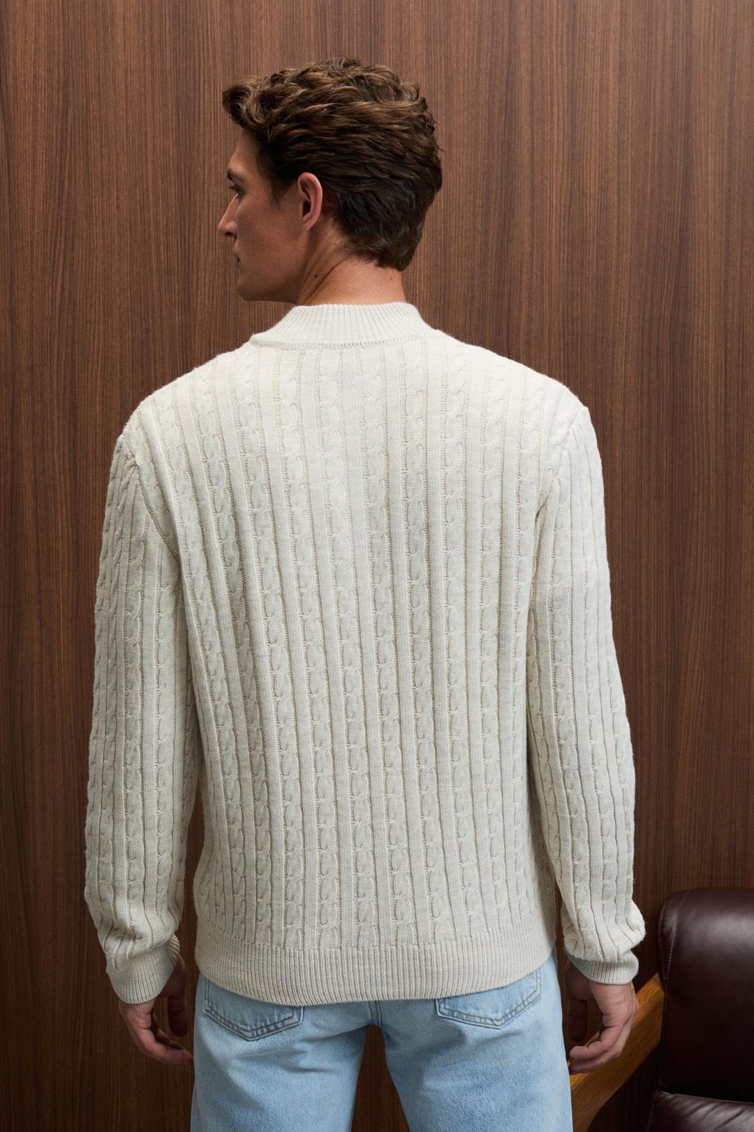 IVAR Erkek Yarım Fermuarlı Dik Yakalı Saç Örgü Desenli Triko Taş Rengi Kazak