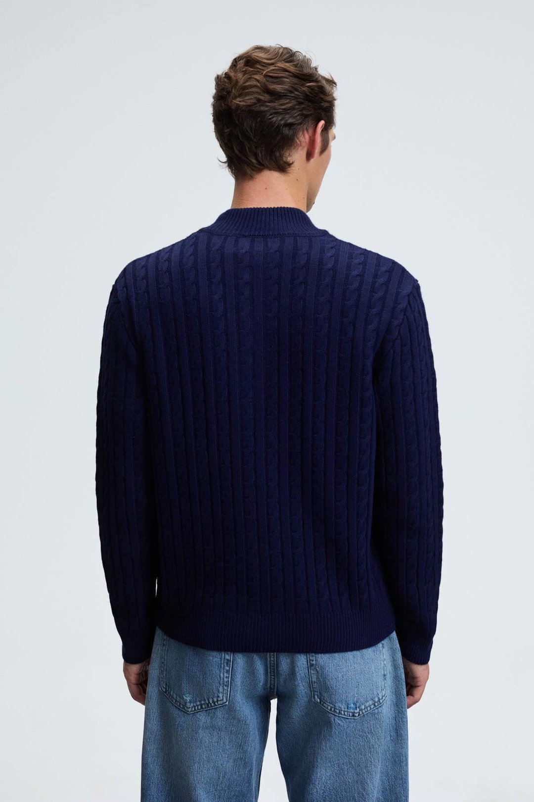 IVAR Erkek Yarım Fermuarlı Dik Yakalı Saç Örgü Desenli Triko Lacivert Kazak