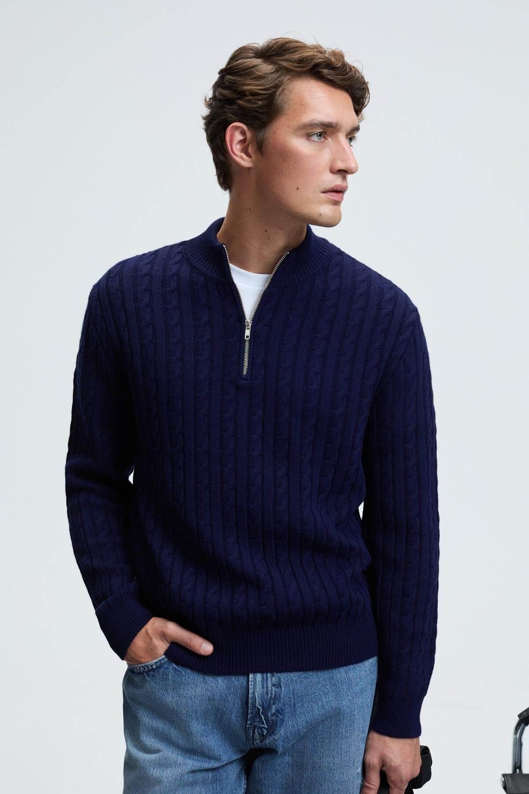 IVAR Erkek Yarım Fermuarlı Dik Yakalı Saç Örgü Desenli Triko Lacivert Kazak