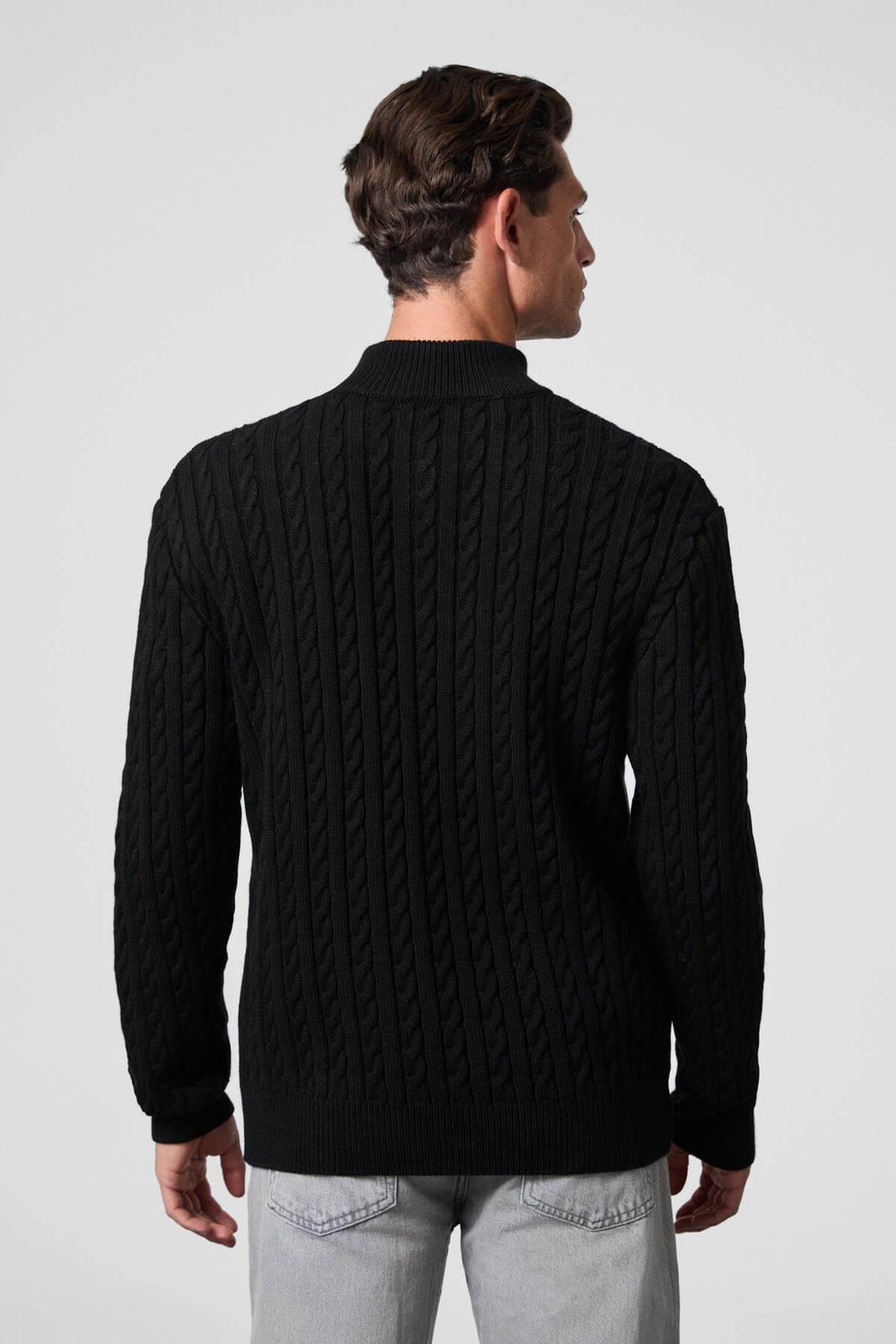 IVAR Erkek Yarım Fermuarlı Dik Yakalı Saç Örgü Desenli Triko Siyah Kazak