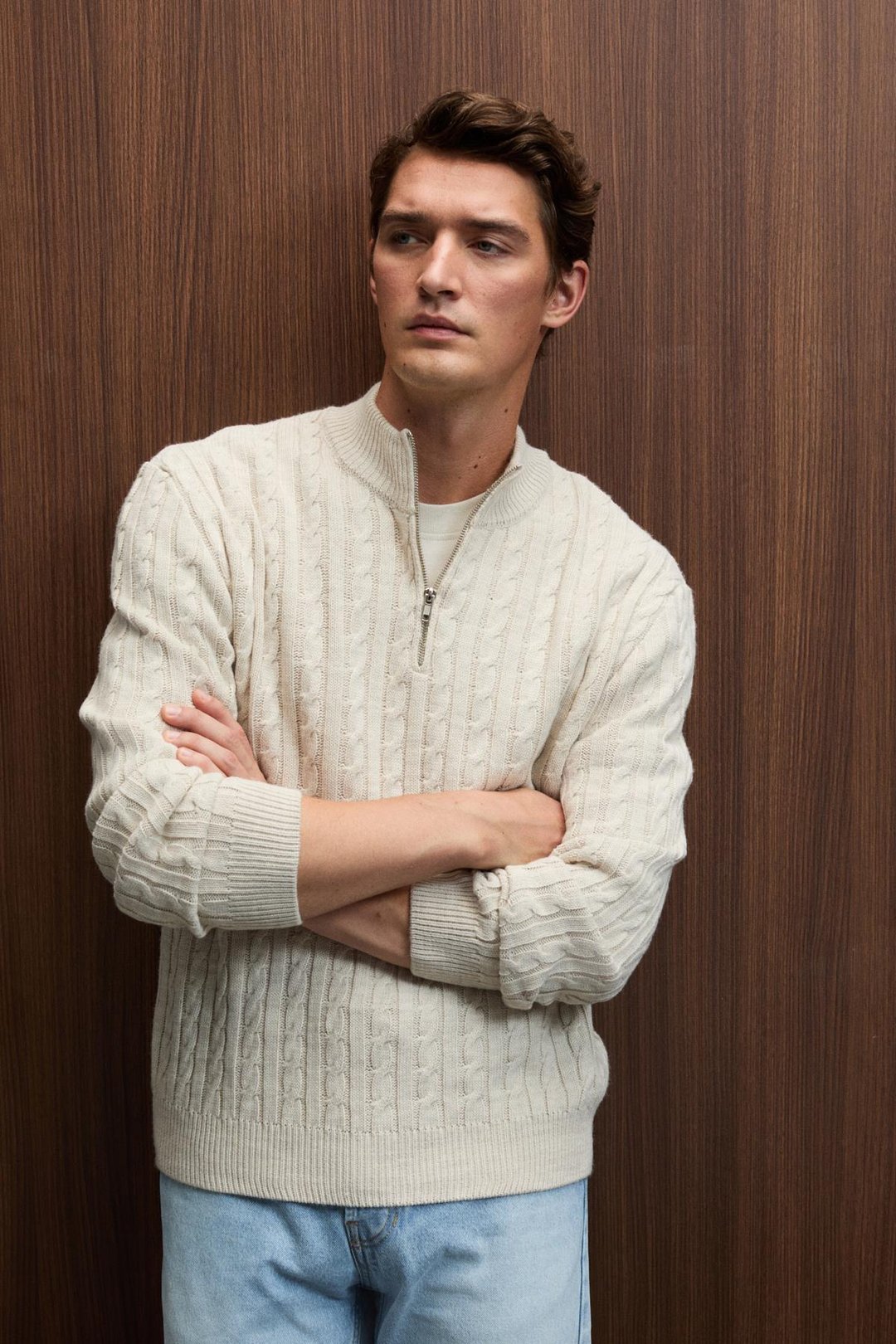 IVAR Erkek Yarım Fermuarlı Dik Yakalı Saç Örgü Desenli Triko Taş Rengi Kazak