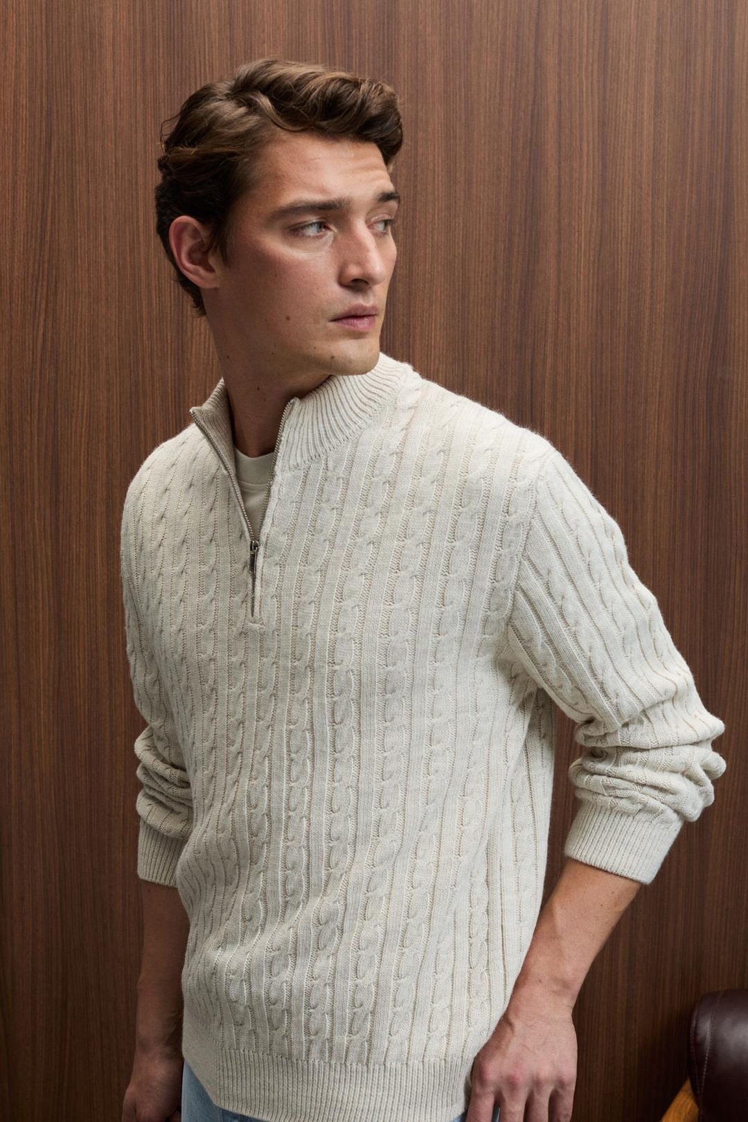 IVAR Erkek Yarım Fermuarlı Dik Yakalı Saç Örgü Desenli Triko Taş Rengi Kazak