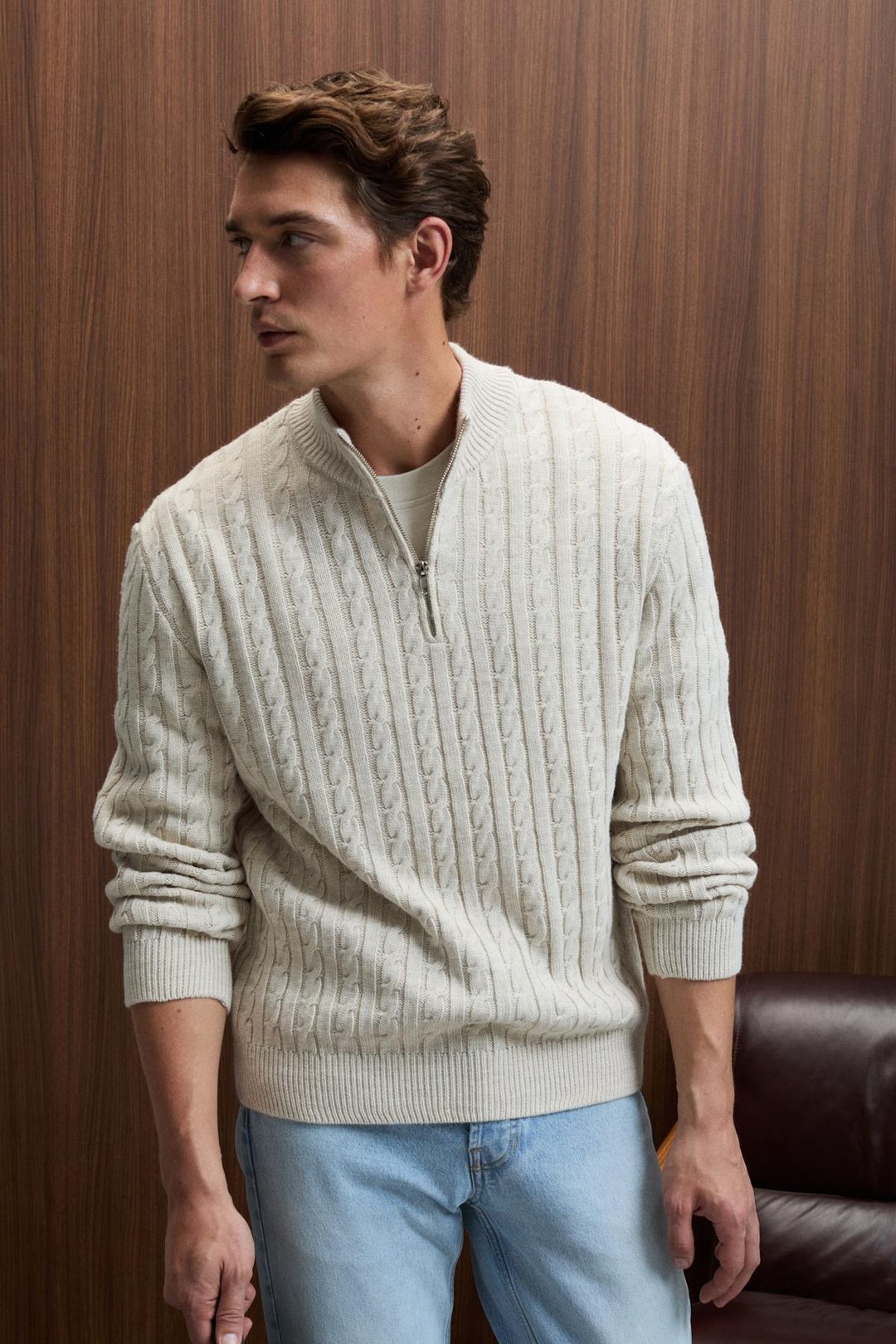 IVAR Erkek Yarım Fermuarlı Dik Yakalı Saç Örgü Desenli Triko Taş Rengi Kazak