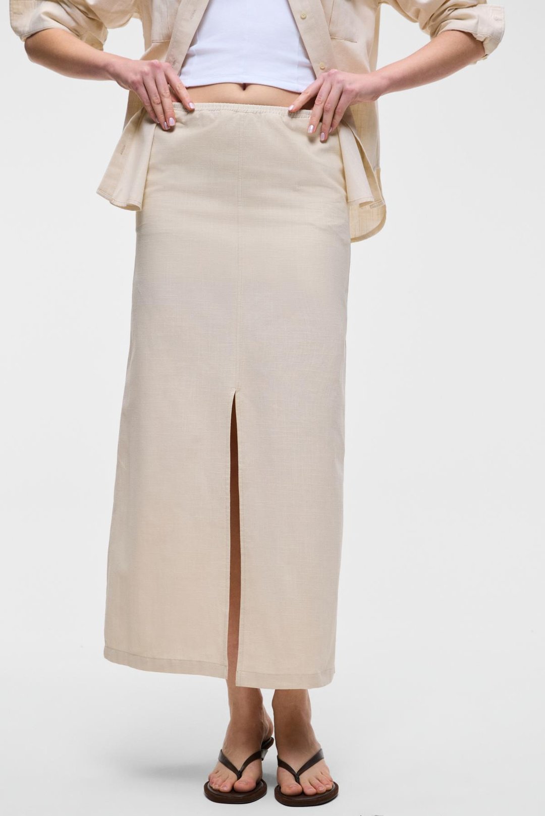 IVERN Kadın &100 Pamuk Yandan Yırtmaçlı Rahat Kesim Bej Etek