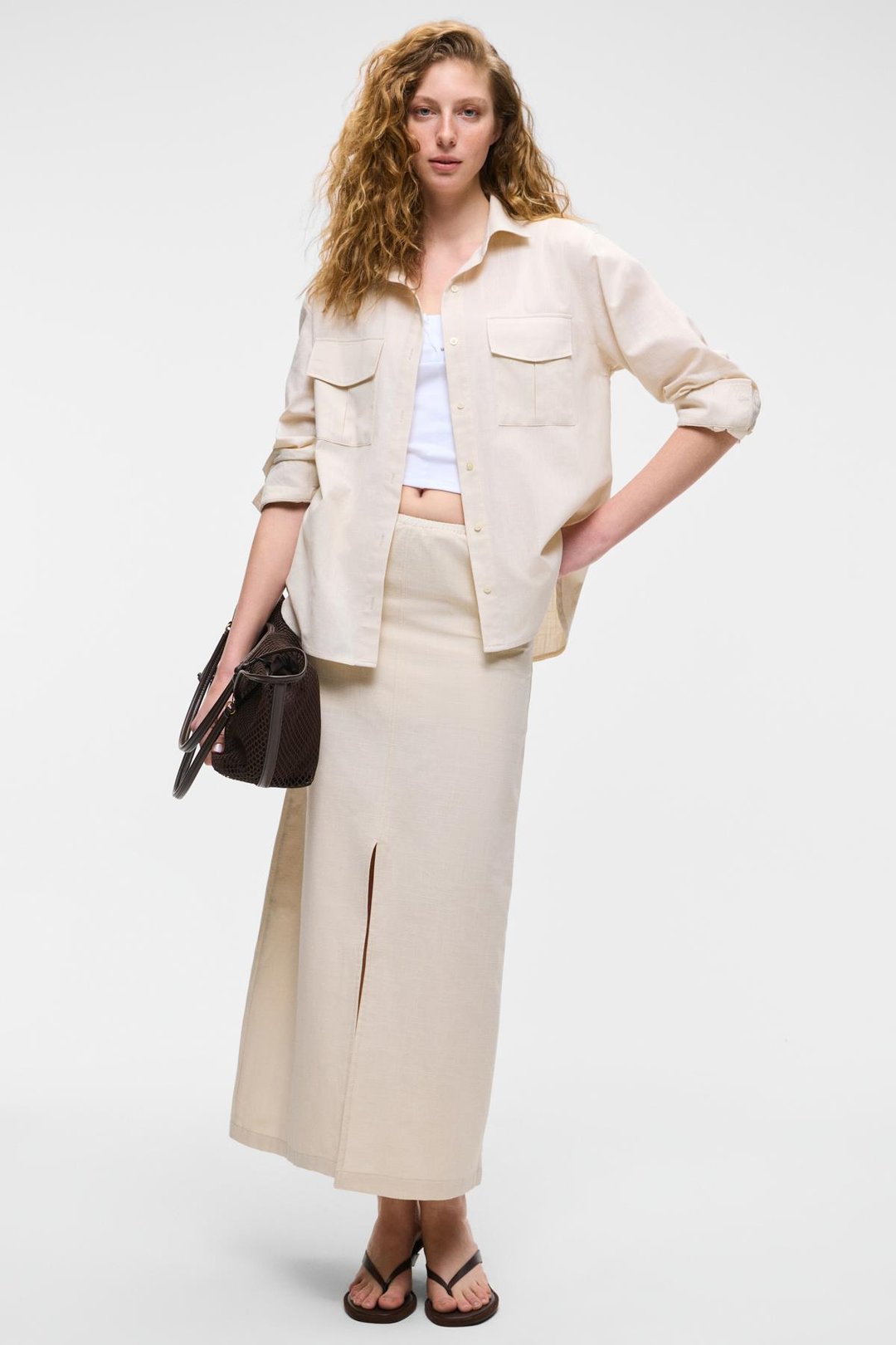 IVERN Kadın &100 Pamuk Yandan Yırtmaçlı Rahat Kesim Bej Etek