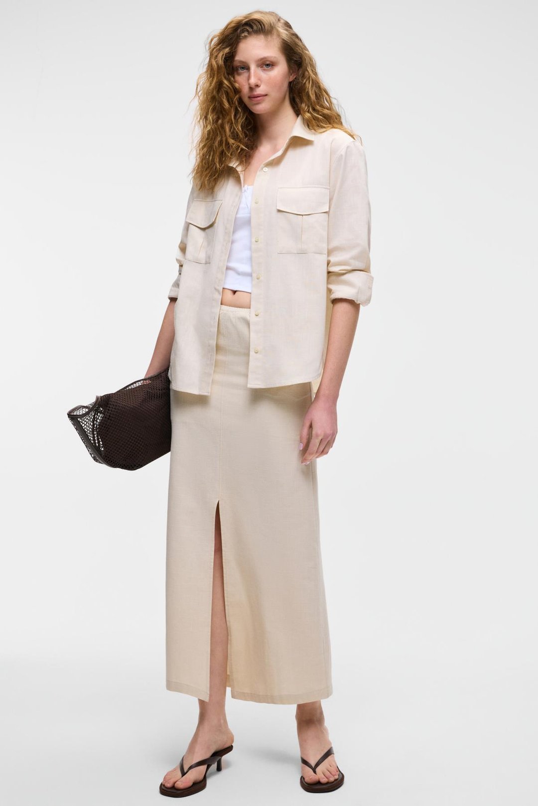 IVERN Kadın &100 Pamuk Yandan Yırtmaçlı Rahat Kesim Bej Etek