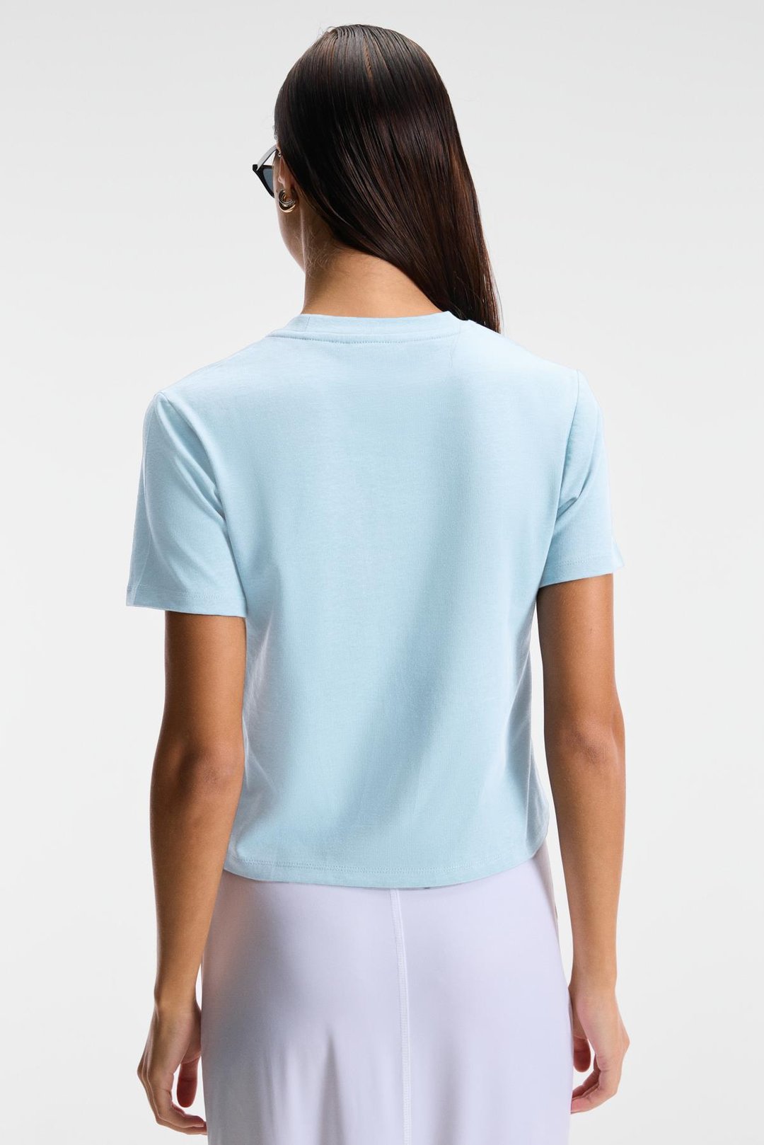 IVONNE Kadın Cocktail Baskı Desenli Kısa Kollu Organik Pamuklu Bisiklet Yaka Crop Mavi T-Shirt