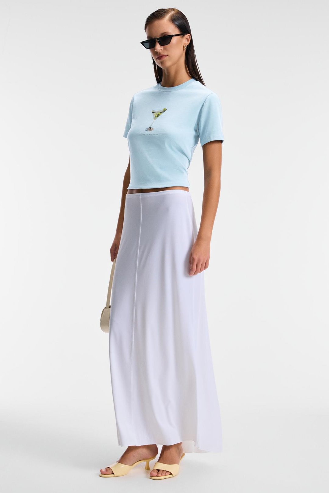 IVONNE Kadın Cocktail Baskı Desenli Kısa Kollu Organik Pamuklu Bisiklet Yaka Crop Mavi T-Shirt