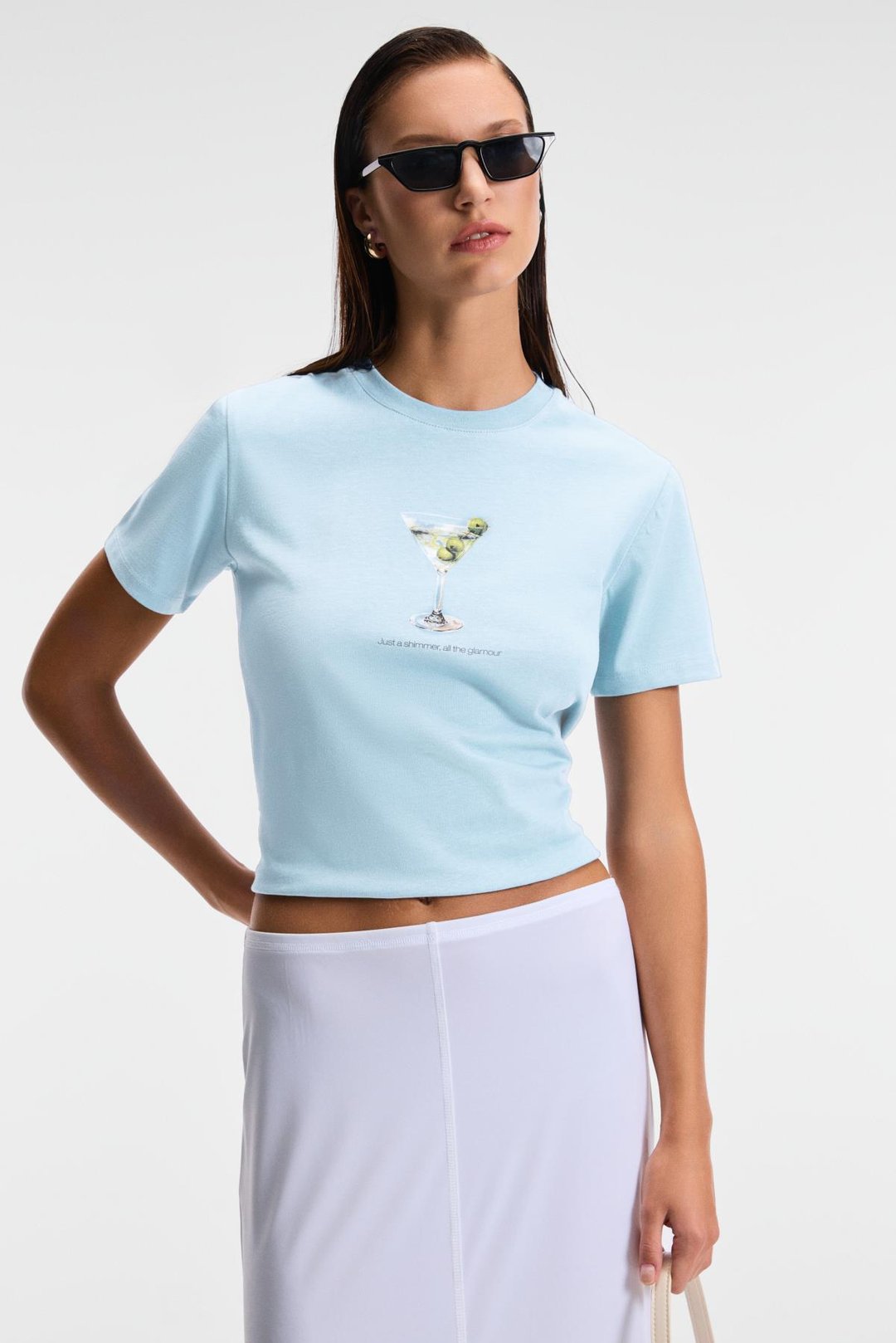 IVONNE Kadın Cocktail Baskı Desenli Kısa Kollu Organik Pamuklu Bisiklet Yaka Crop Mavi T-Shirt