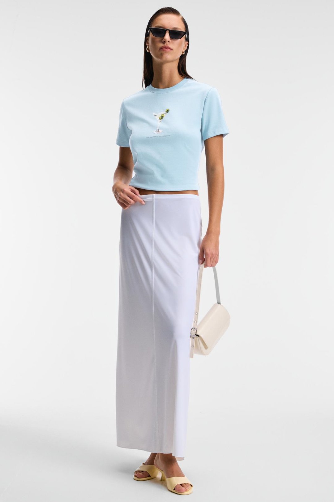 IVONNE Kadın Cocktail Baskı Desenli Kısa Kollu Organik Pamuklu Bisiklet Yaka Crop Mavi T-Shirt