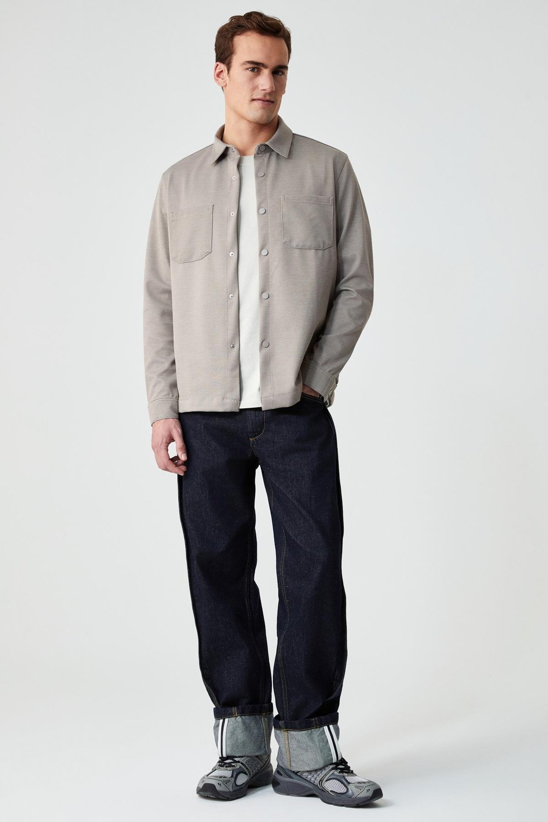 JAKARI Erkek Regular Fit Standart Kesim Klasik Yaka Desenli Çıtçıtlı Vizon Gömlek