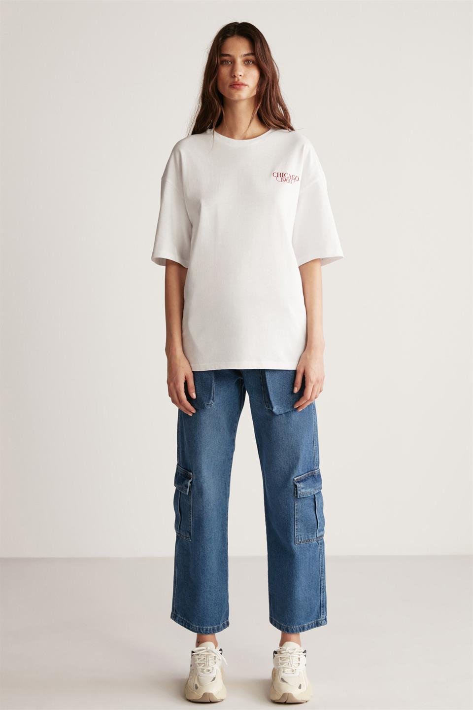 JANNA Örme Oversize BEYAZ - KIRMIZI  T-Shirt