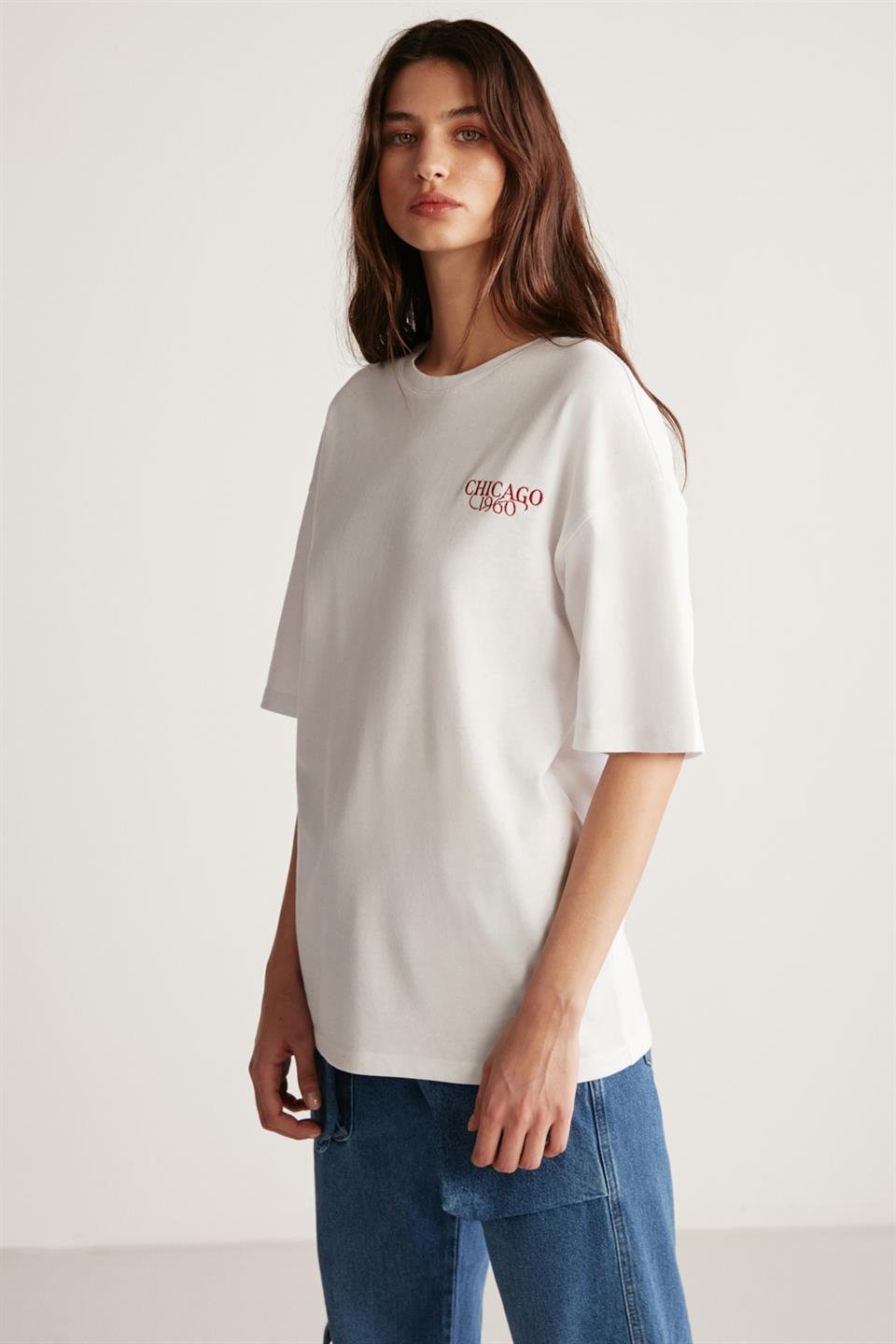 JANNA Örme Oversize BEYAZ - KIRMIZI  T-Shirt
