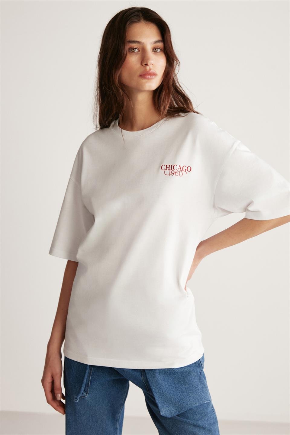 JANNA Örme Oversize BEYAZ - KIRMIZI  T-Shirt